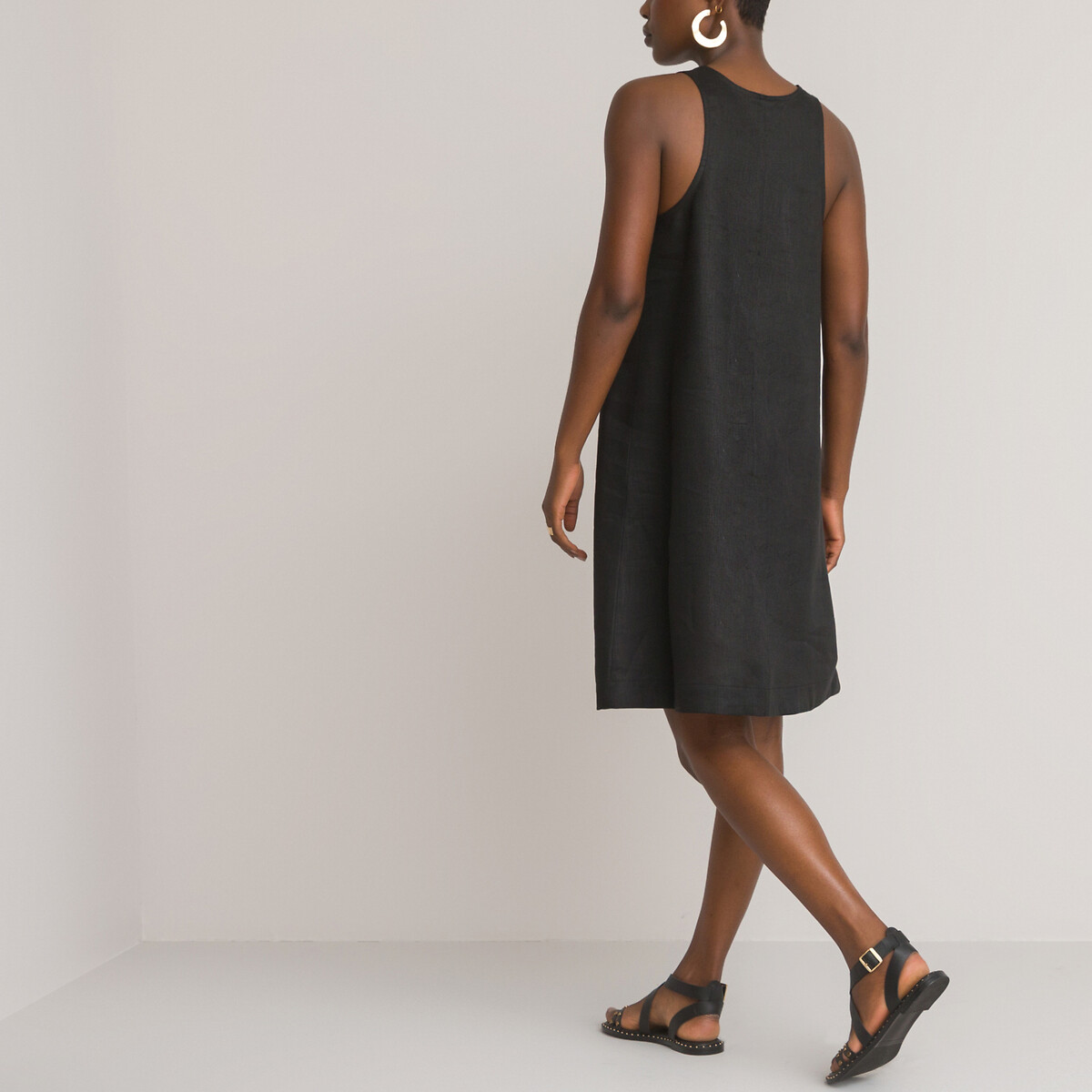 Платье LA REDOUTE COLLECTIONS Из льна короткое расклешенное с круглым вырезом без рукавов 52 черный, размер 52 - фото 4