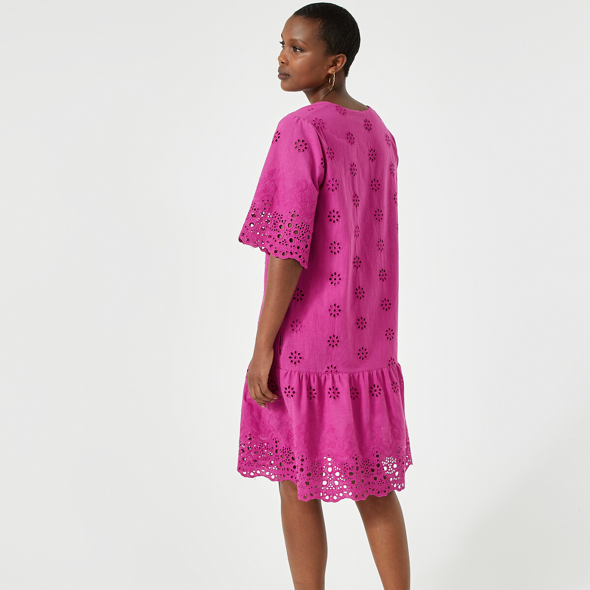 Платье-миди расклешенное с вышивкой короткими рукавами  50 розовый LaRedoute, размер 50 - фото 4