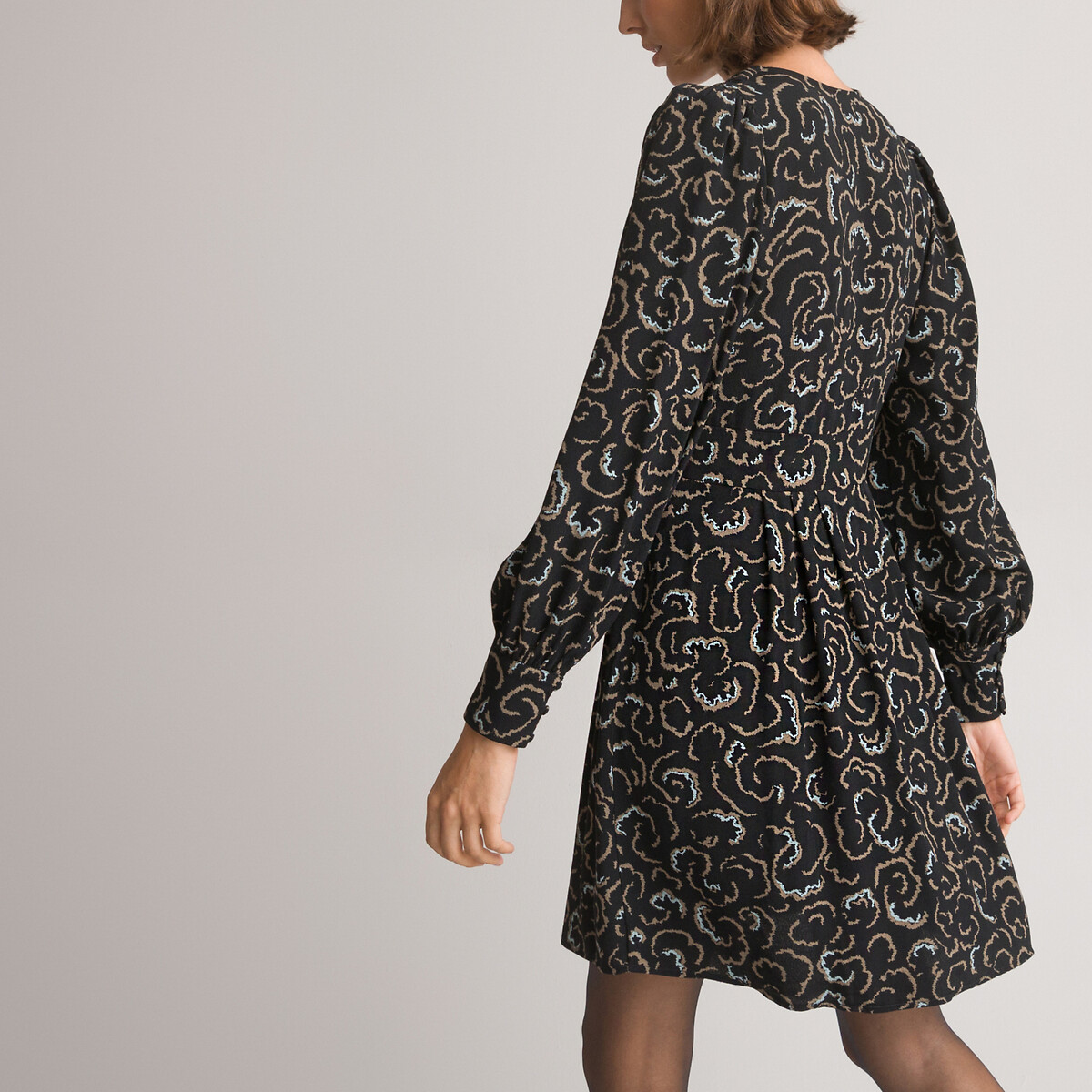 Платье расклешенное короткое длинные рукава с принтом  56 черный LaRedoute, размер 56 - фото 4
