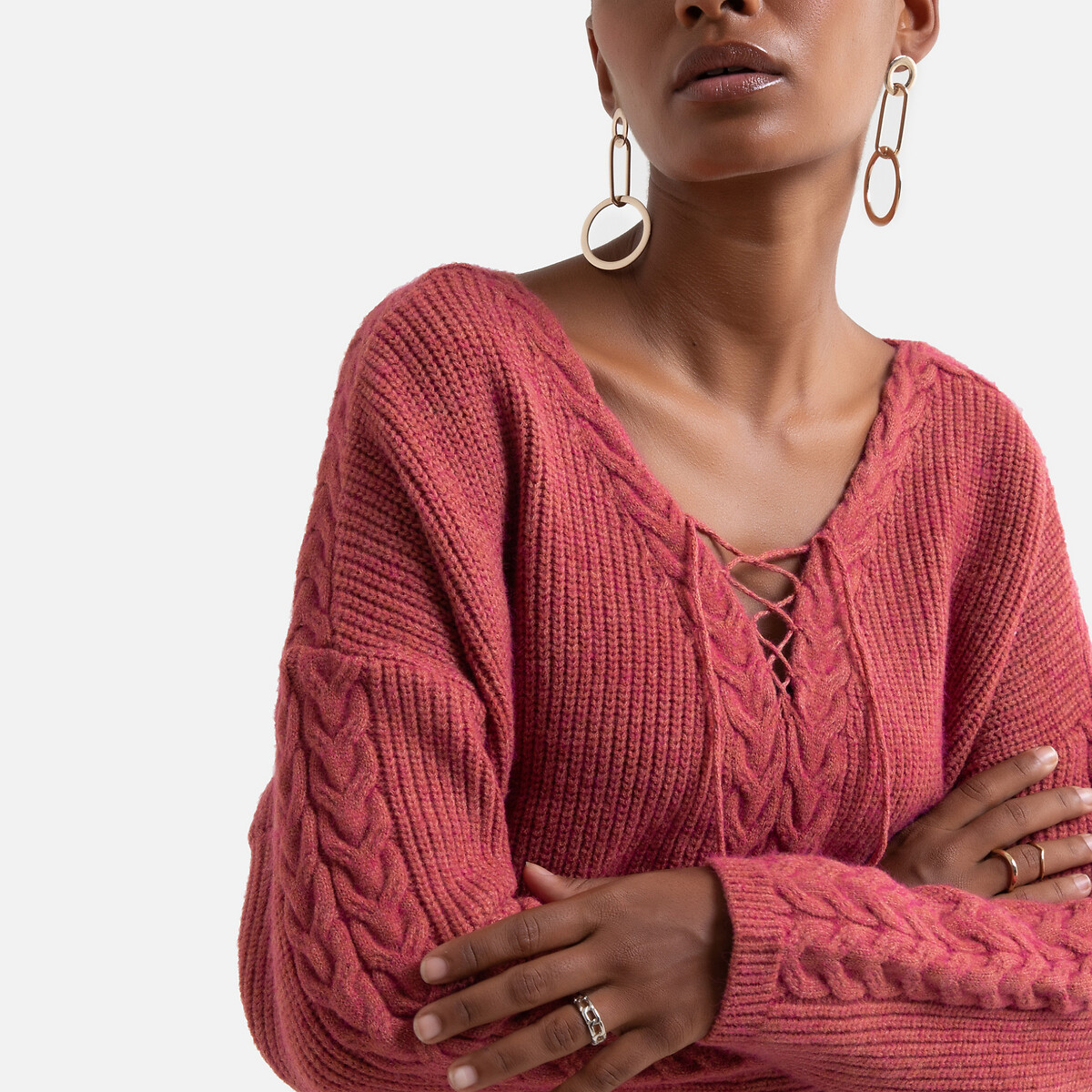 Пуловер LaRedoute Из трикотажа витые вставки V-образный вырез с завязками M розовый, размер M - фото 3