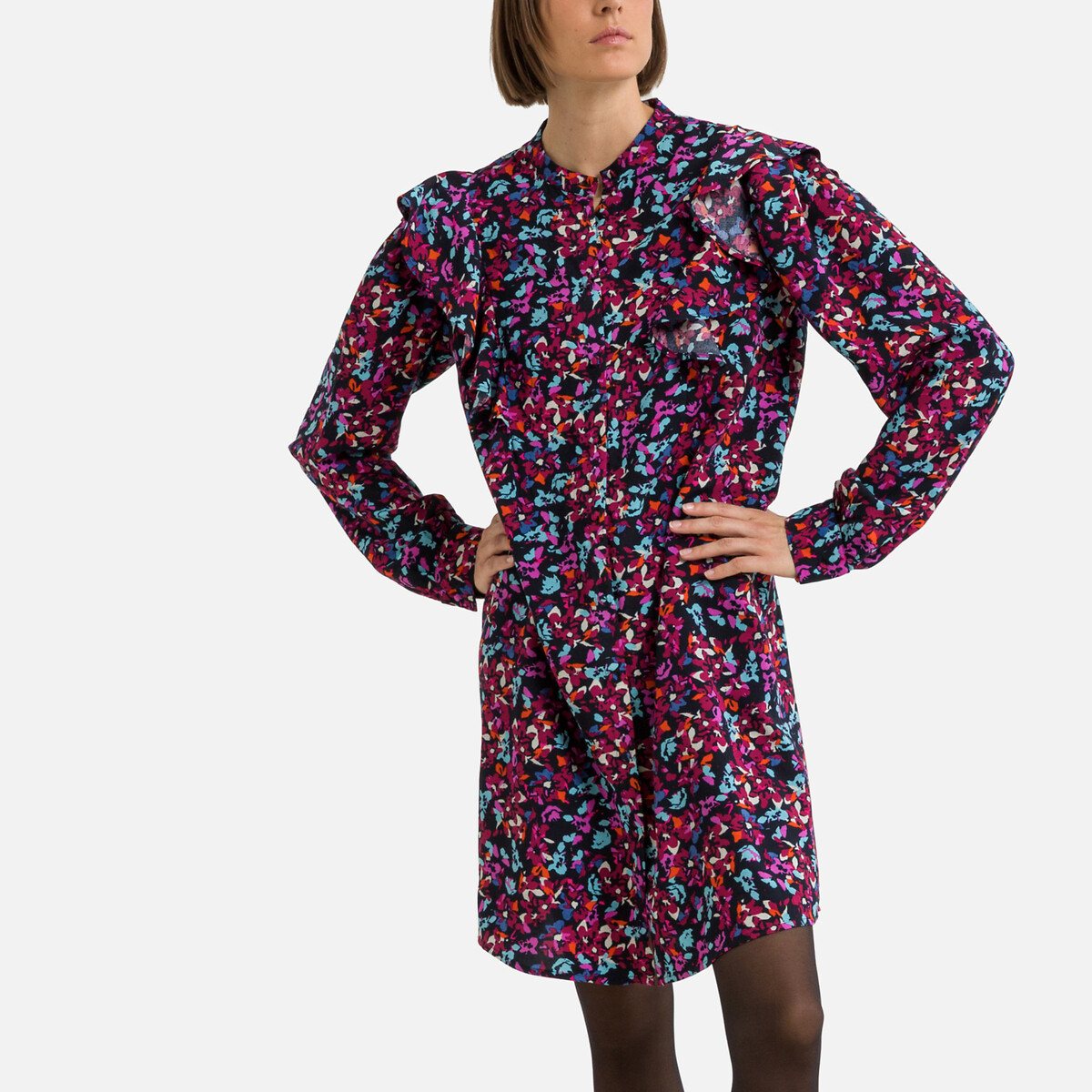 Платье С воротником-стойкой длинные рукава цветочный принт XS разноцветный LaRedoute, размер XS - фото 1
