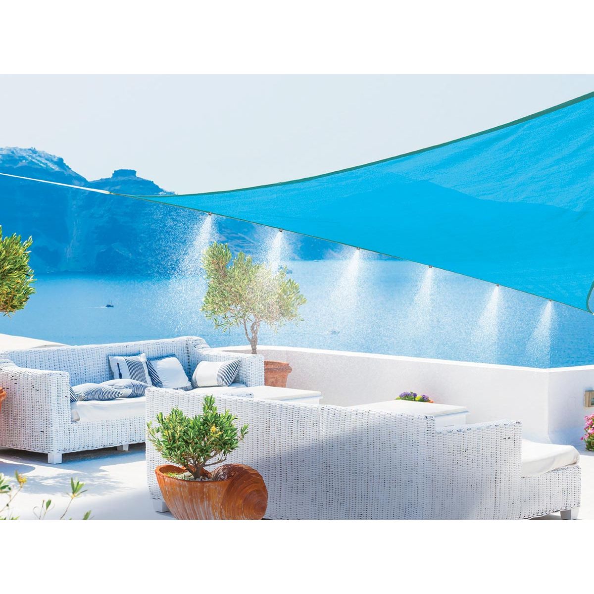 Voile d'ombrage triangulaire avec brumisateur 6 buses bleu azur - Jardideco