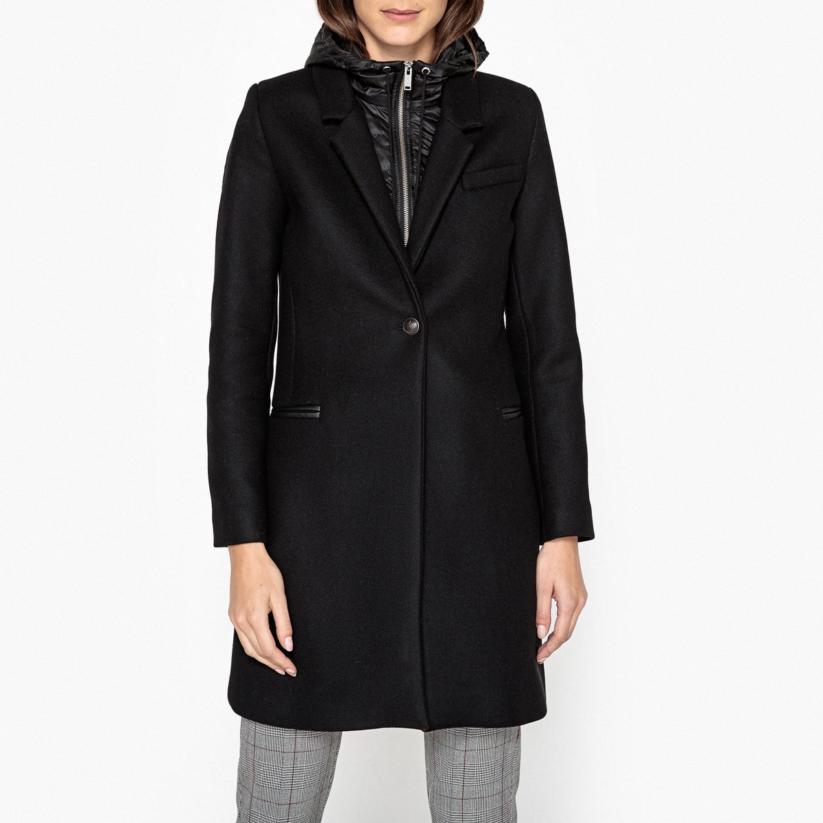 Пальто LaRedoute На подкладке с капюшоном из полушерстяной ткани 40 (FR) - 46 (RUS) черный, размер 40 (FR) - 46 (RUS)