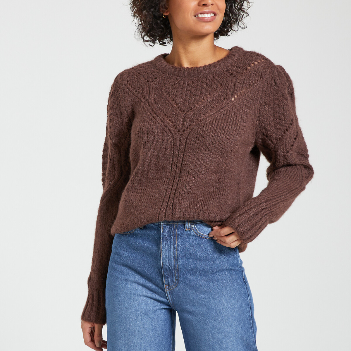 Пуловер из ажурного трикотажа круглый вырез M каштановый