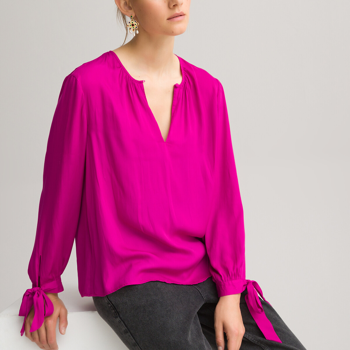 Блузка С круглым вырезом и длинными рукавами с завязками 36 (FR) - 42 (RUS) розовый