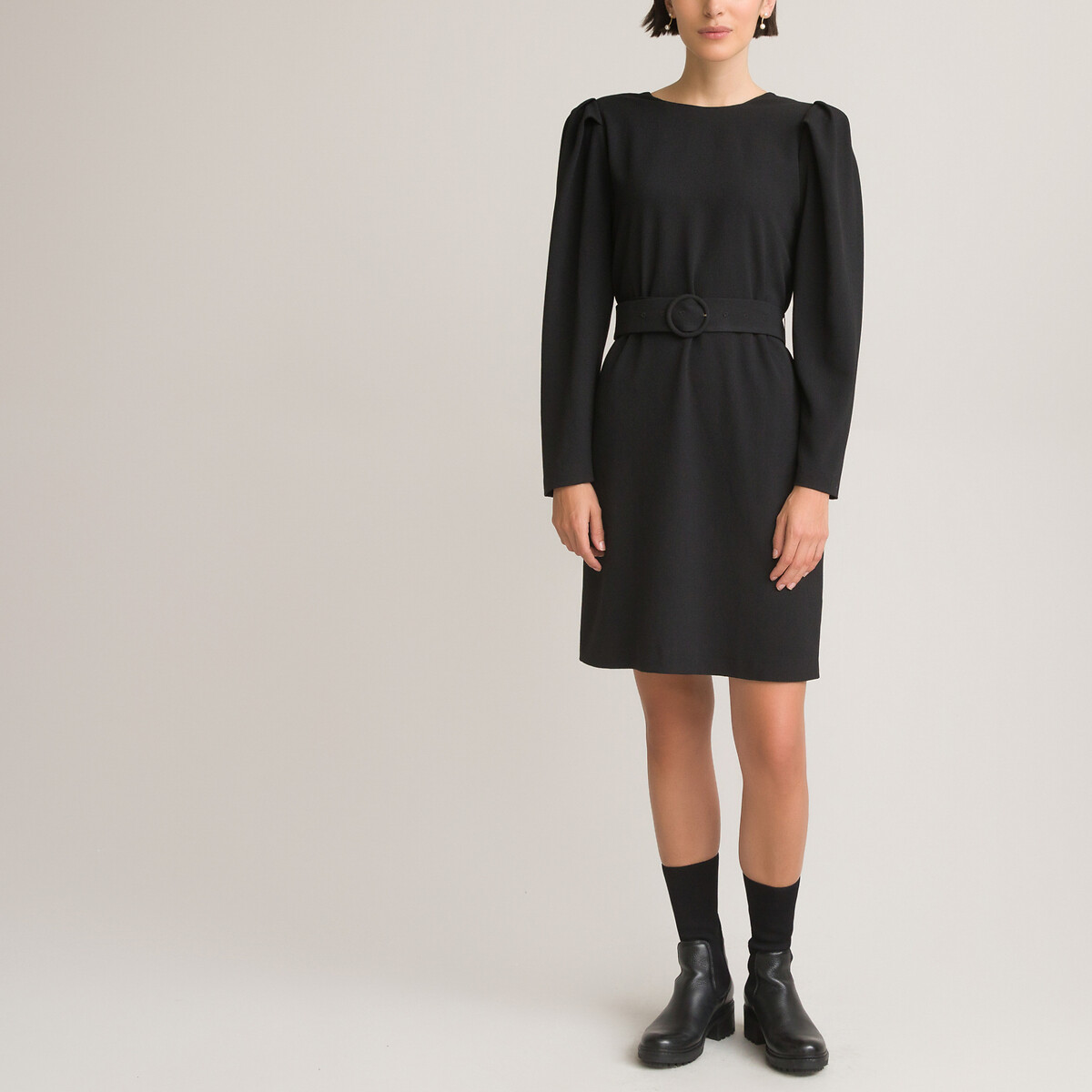 Платье LaRedoute Прямое короткое с круглым вырезом и длинными рукавами 48 черный, размер 48 - фото 2
