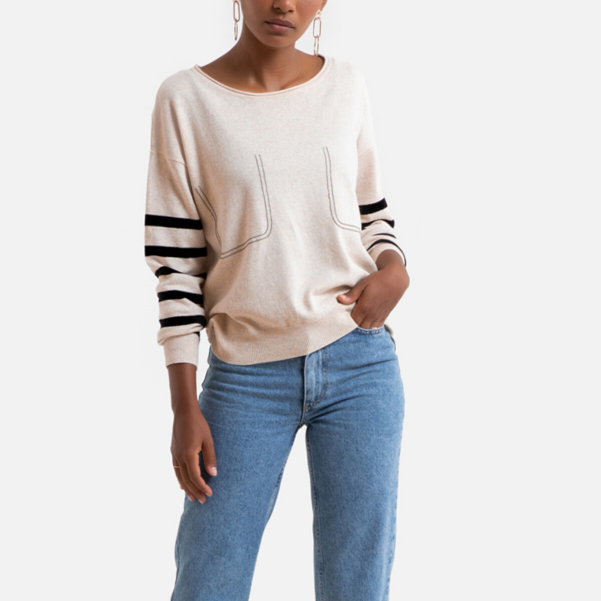 Пуловер La Redoute С круглым вырезом и длинными рукавами L бежевый, размер L - фото 1