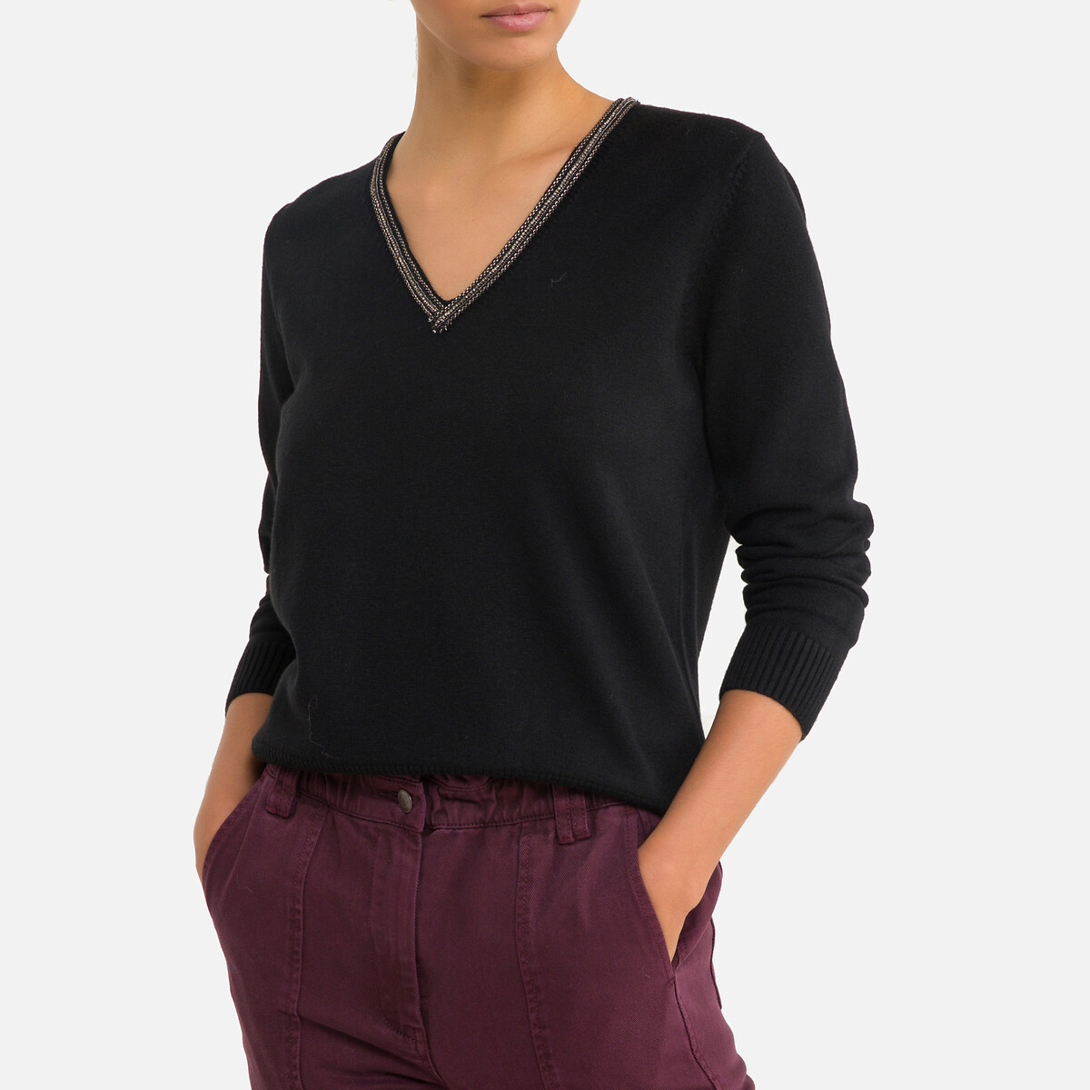 Пуловер MOLLY BRACKEN С V-образным вырезом с украшением S черный, размер S