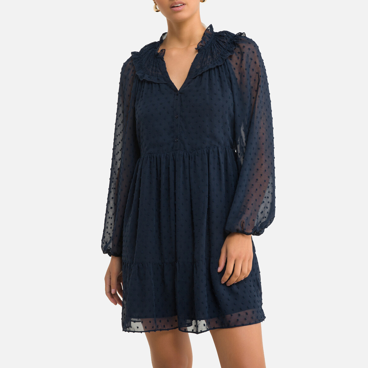 Платье LaRedoute С длинными рукавами и V-образным вырезом с вышивкой гладью 42 синий, размер 42 - фото 1
