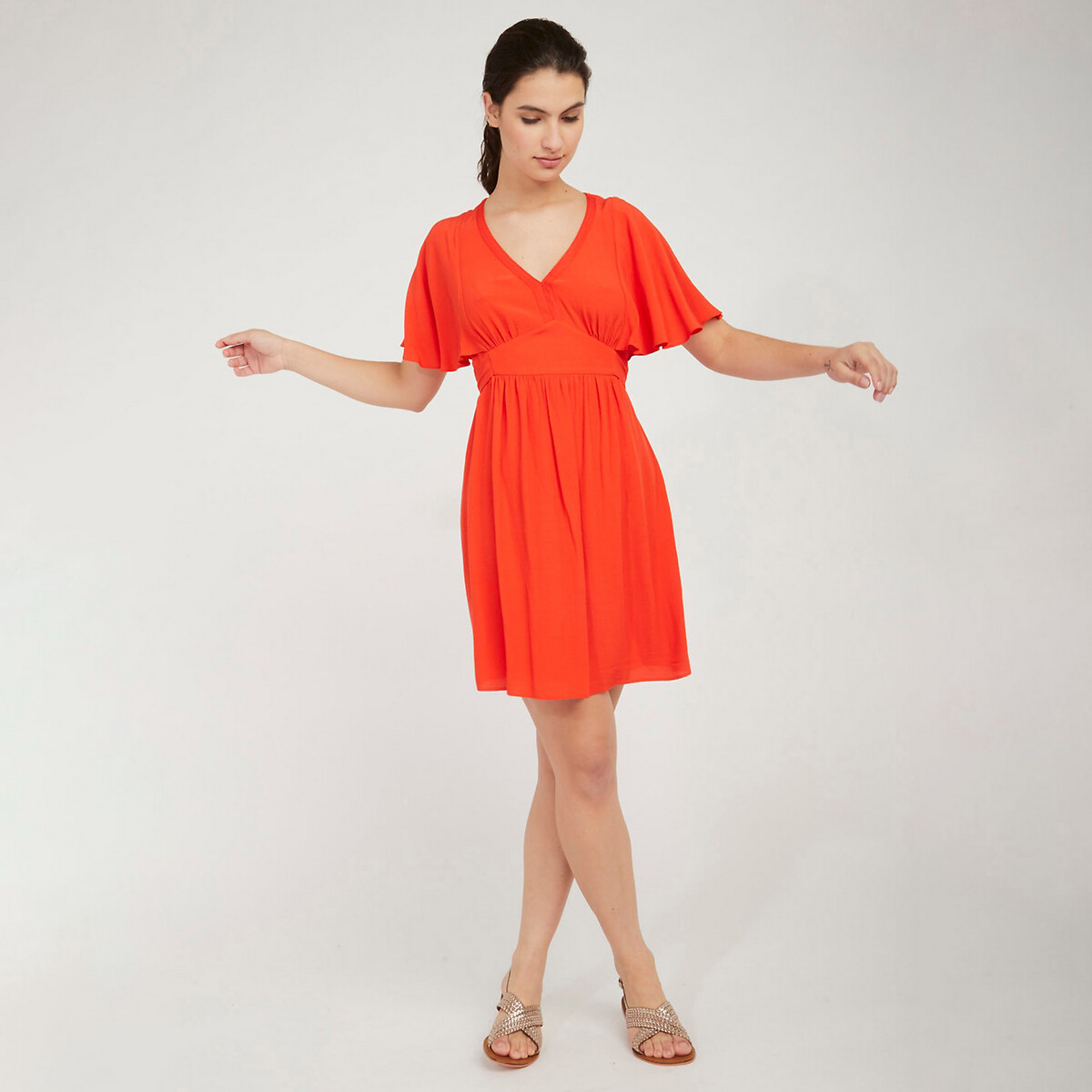 Платье-миди LaRedoute Расклешенное короткие рукава 44 красный, размер 44 - фото 3