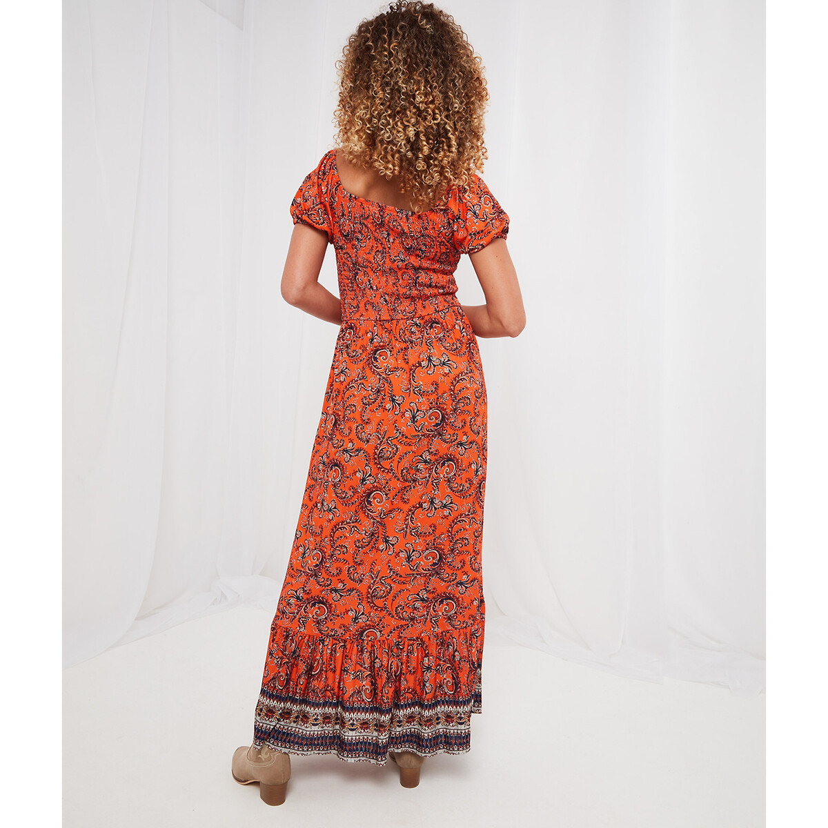 Платье Длинное с квадратным вырезом и принтом 44 оранжевый LaRedoute, размер 44 - фото 3