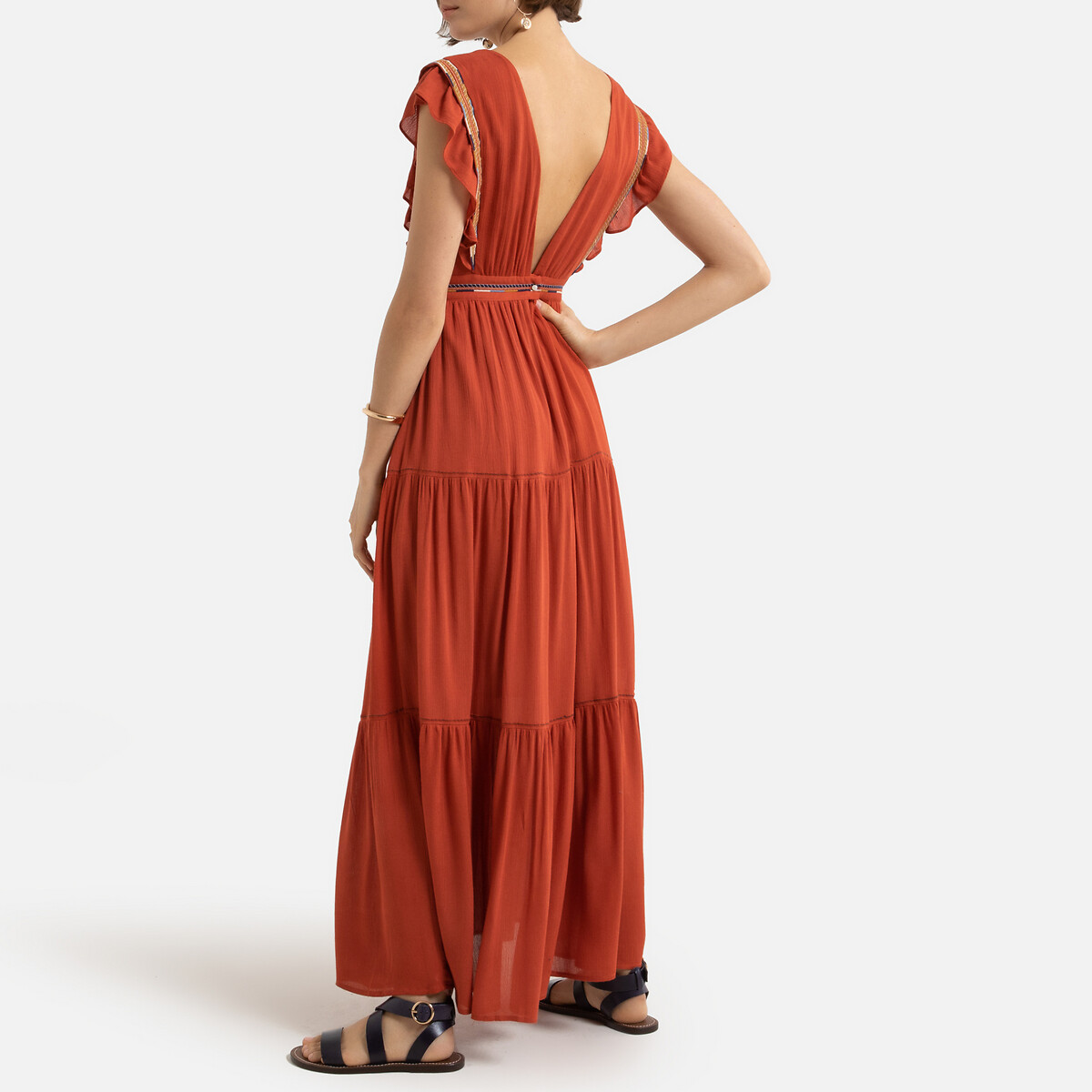 Платье LaRedoute Длинное V-образный вырез короткие рукава 1(S) оранжевый, размер 1(S) Длинное V-образный вырез короткие рукава 1(S) оранжевый - фото 3