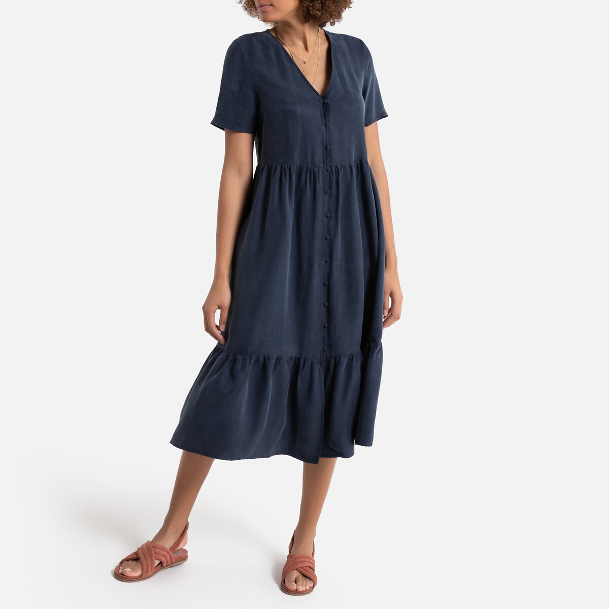 Платье La Redoute С V-образным вырезом с короткими рукавами средней длины 38 (FR) - 44 (RUS) синий, размер 38 (FR) - 44 (RUS) С V-образным вырезом с короткими рукавами средней длины 38 (FR) - 44 (RUS) синий - фото 2