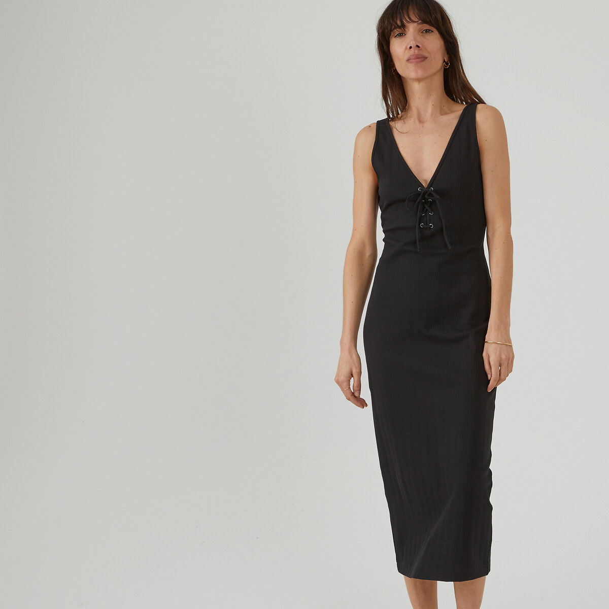 Платье без рукавов с V-образным вырезом со шнуровкой  XS черный LaRedoute, размер XS - фото 1