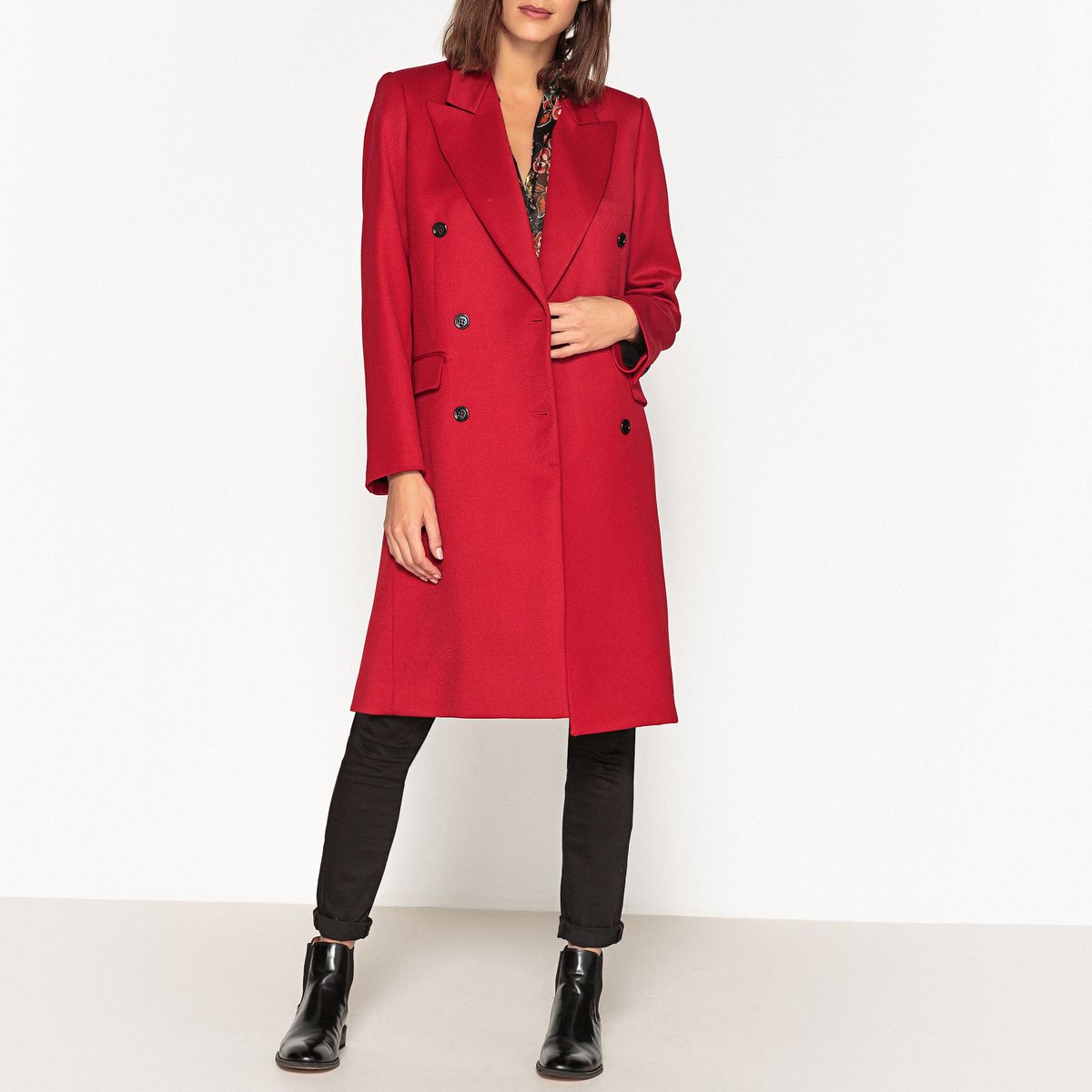 Пальто Удлиненное с двойной планкой на пуговицах M красный