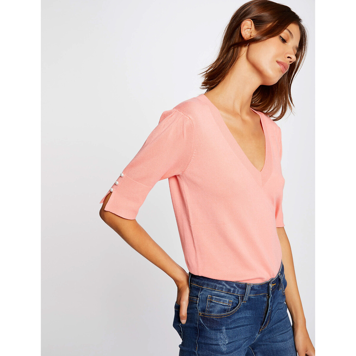 Пуловер MORGAN С короткими рукавами с V-образным вырезом L розовый, размер L