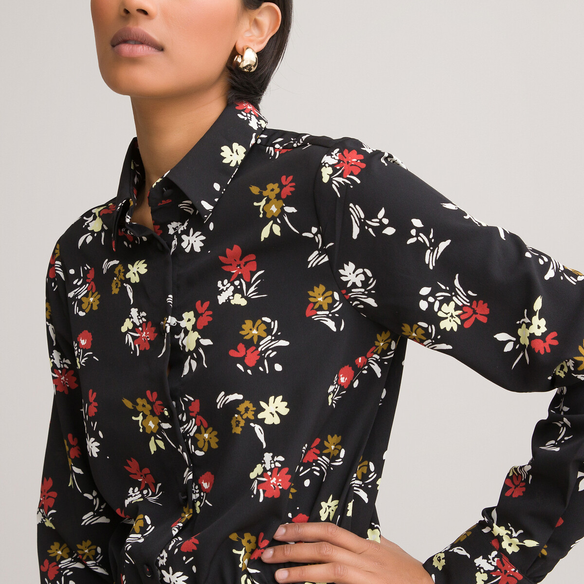 Платье-рубашка LaRedoute С низом с плиссировкой и цветочным принтом 40 черный, размер 40 - фото 3