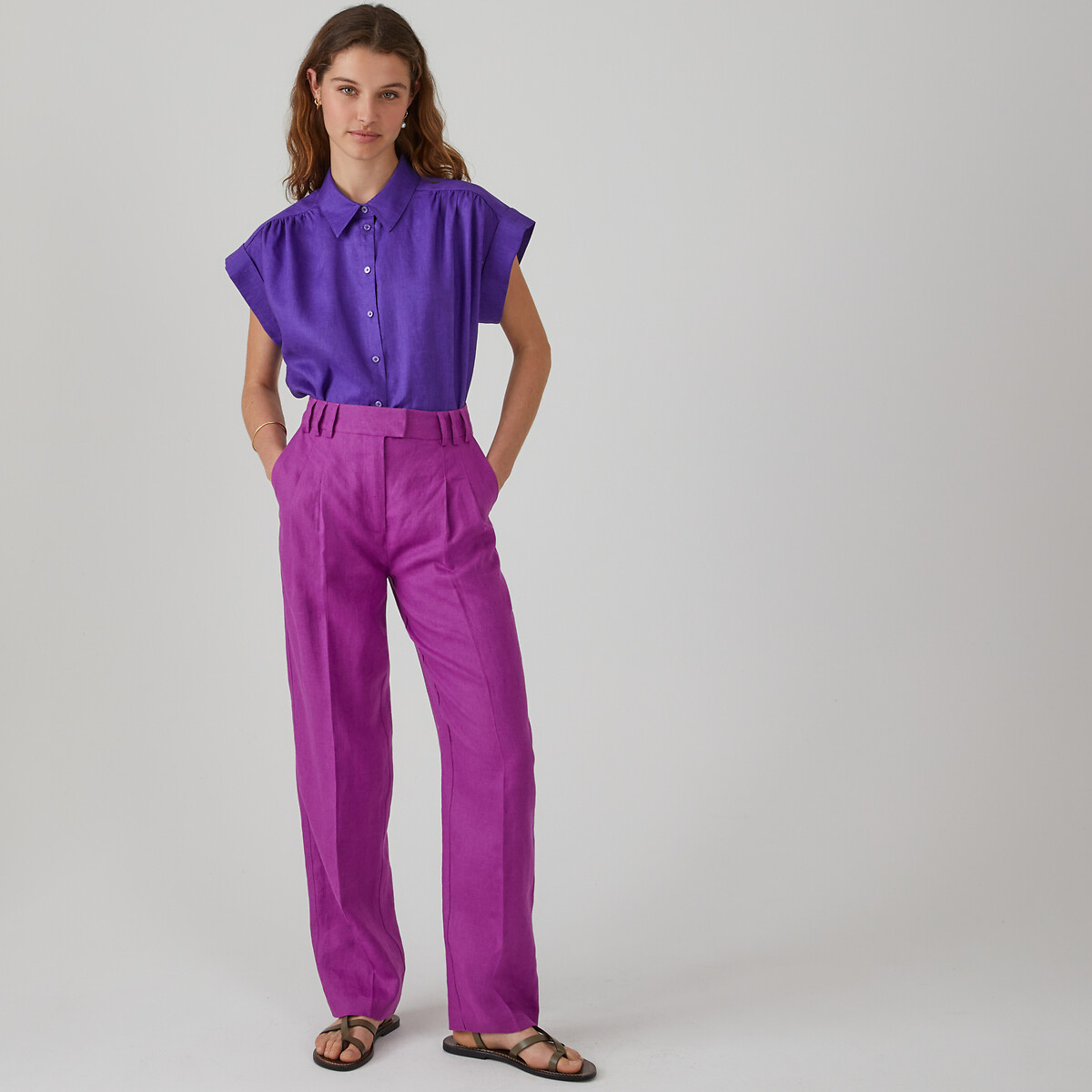 Рубашка изо льна с короткими рукавами  XS фиолетовый LaRedoute, размер XS - фото 2