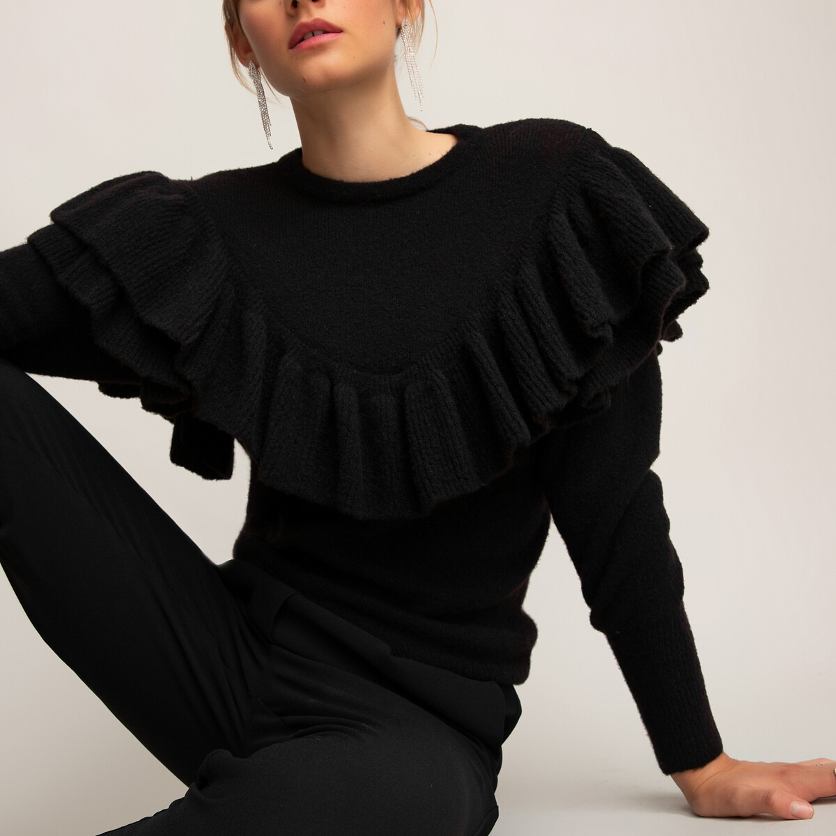 Пуловер LaRedoute С круглым вырезом с воланами из тонкого трикотажа M черный, размер M - фото 1