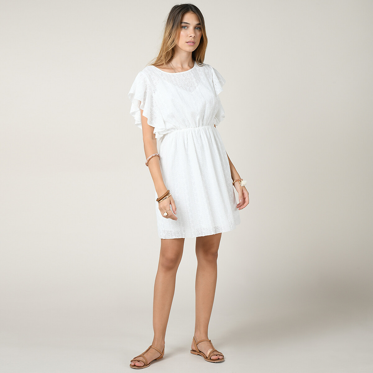 Платье LaRedoute Короткое с вышивкой рукава с воланами круглый вырез L белый, размер L - фото 2