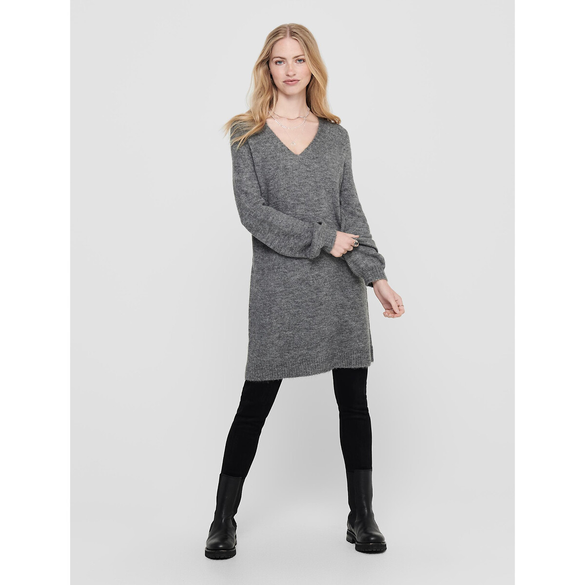 Платье-пуловер С V-образным вырезом M серый LaRedoute, размер M - фото 2