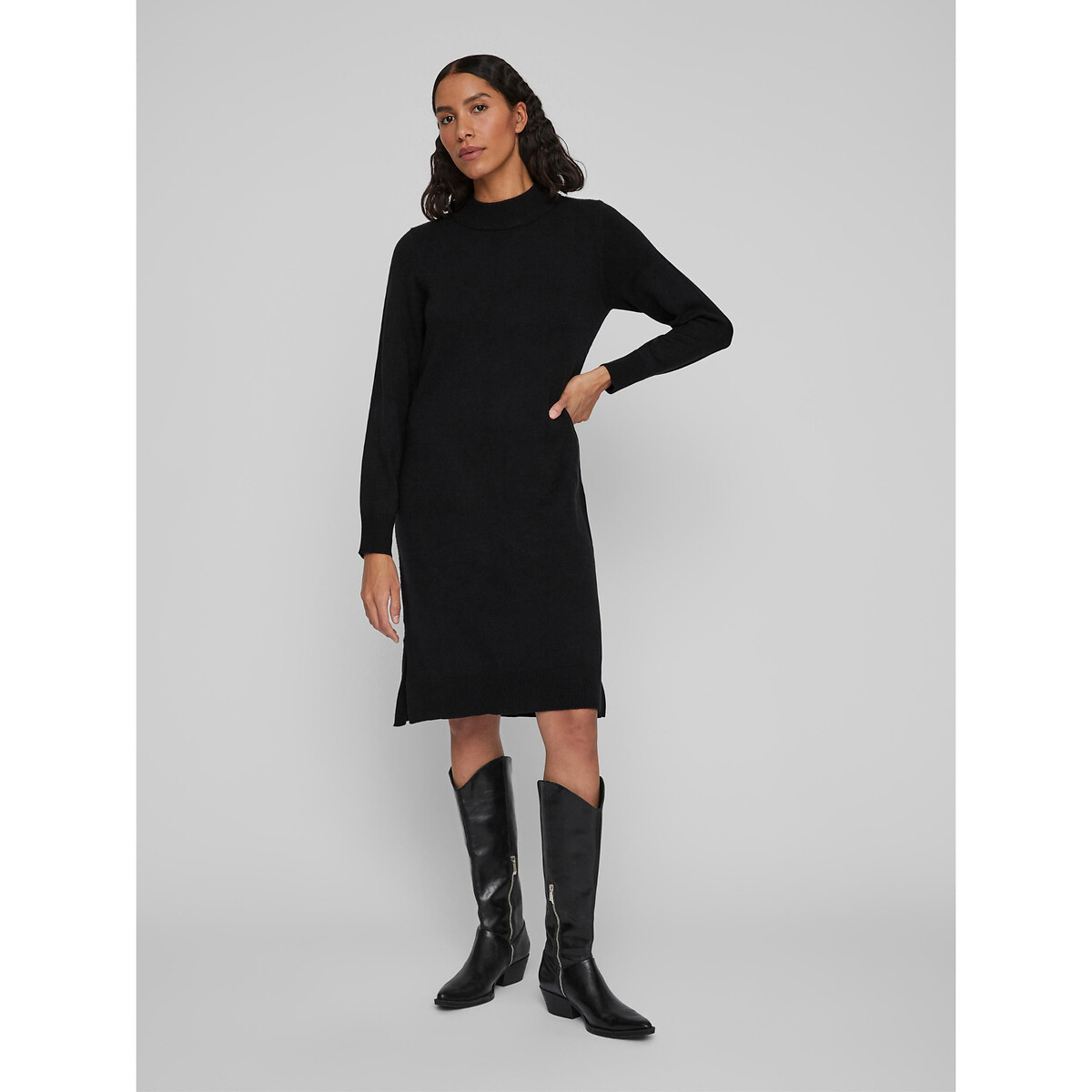 Платье-пуловер VILA Платье-пуловер Миди из тонкого трикотажа воротник-стойка XS черный, размер XS - фото 4
