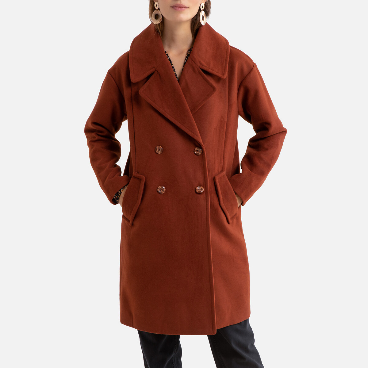Пальто La Redoute Прямое с двубортной застежкой большой воротник L каштановый, размер L - фото 1