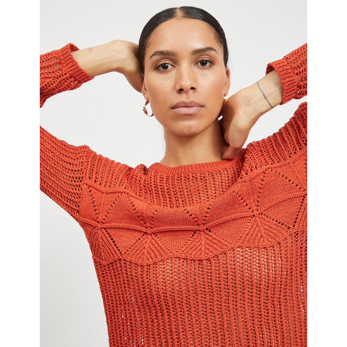 Пуловер LaRedoute С круглым вырезом из тонкого ажурного трикотажа XS оранжевый, размер XS - фото 4