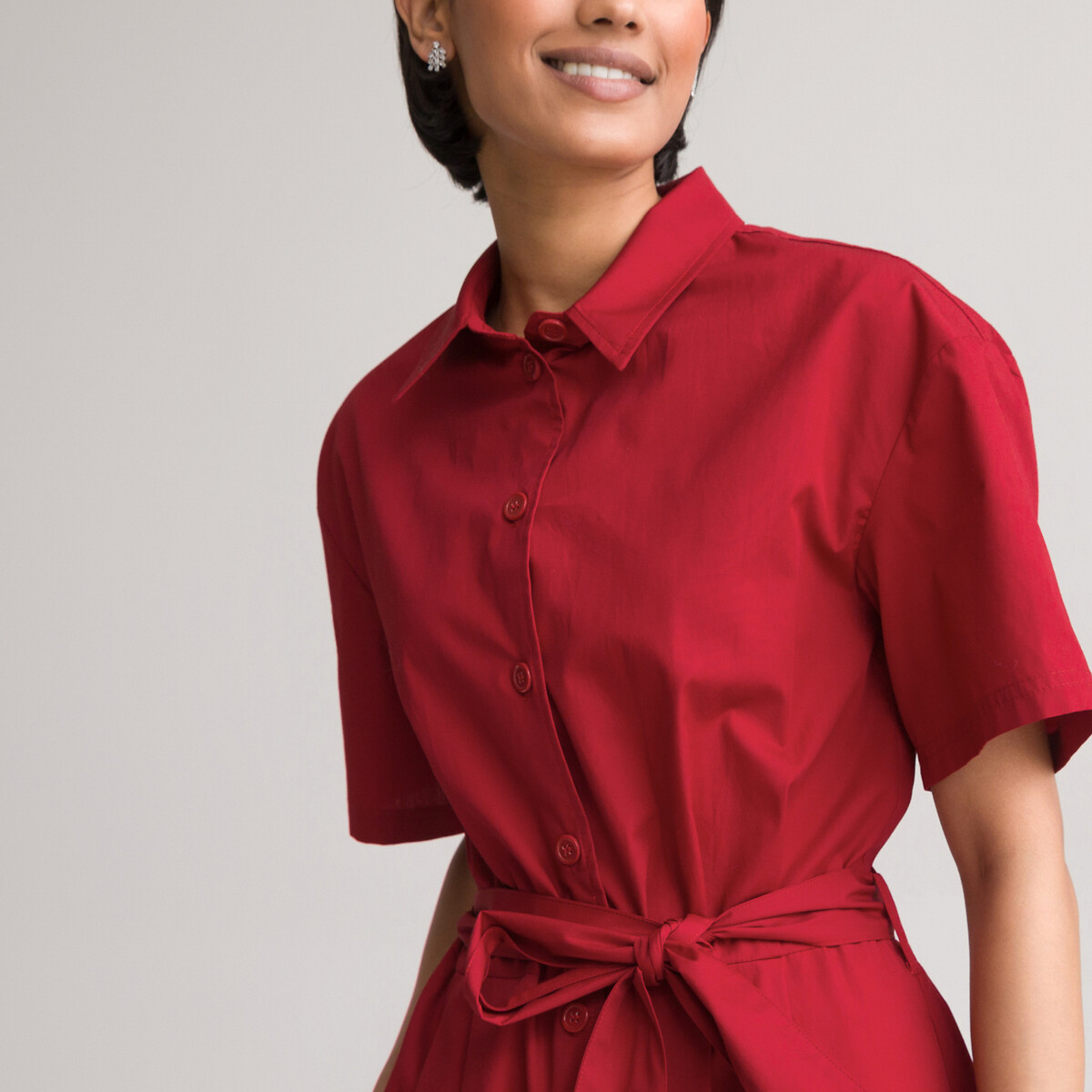 Платье-рубашка LA REDOUTE COLLECTIONS Длинное расклешенное из хлопка 40 красный, размер 40 - фото 2