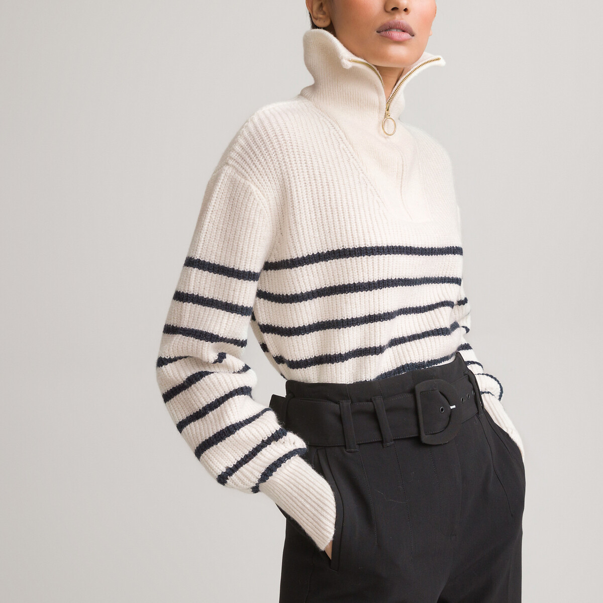 Пуловер LA REDOUTE COLLECTIONS С воротником-стойкой из плотного трикотажа в полоску M белый, размер M - фото 1