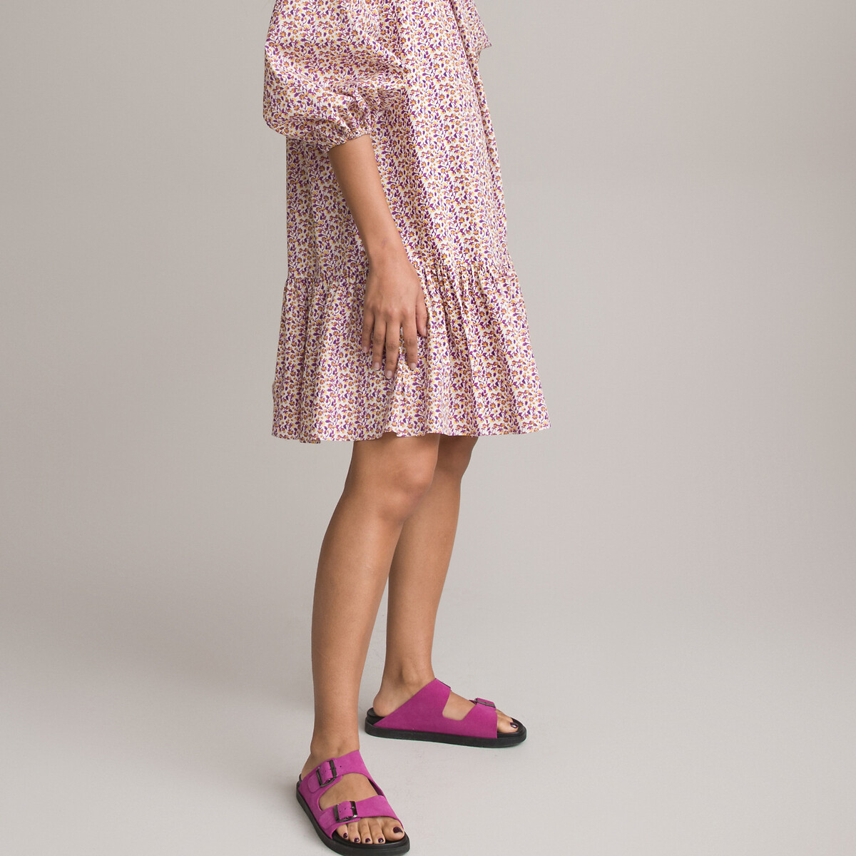 Платье Расклешенное круглый вырез и рукава с напуском 34 с принтом 58 бежевый LaRedoute, размер 58 - фото 3