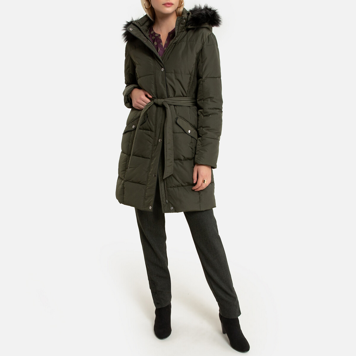 Куртка LaRedoute Стеганая средней длины с капюшоном зимняя модель 40 (FR) - 46 (RUS) зеленый, размер 40 (FR) - 46 (RUS) Стеганая средней длины с капюшоном зимняя модель 40 (FR) - 46 (RUS) зеленый - фото 2