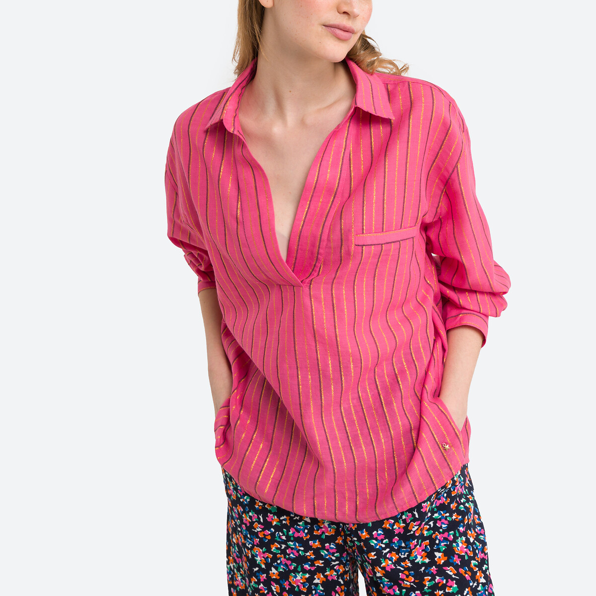 Блузка С тунисским воротником и длинными рукавами 4(XL) розовый