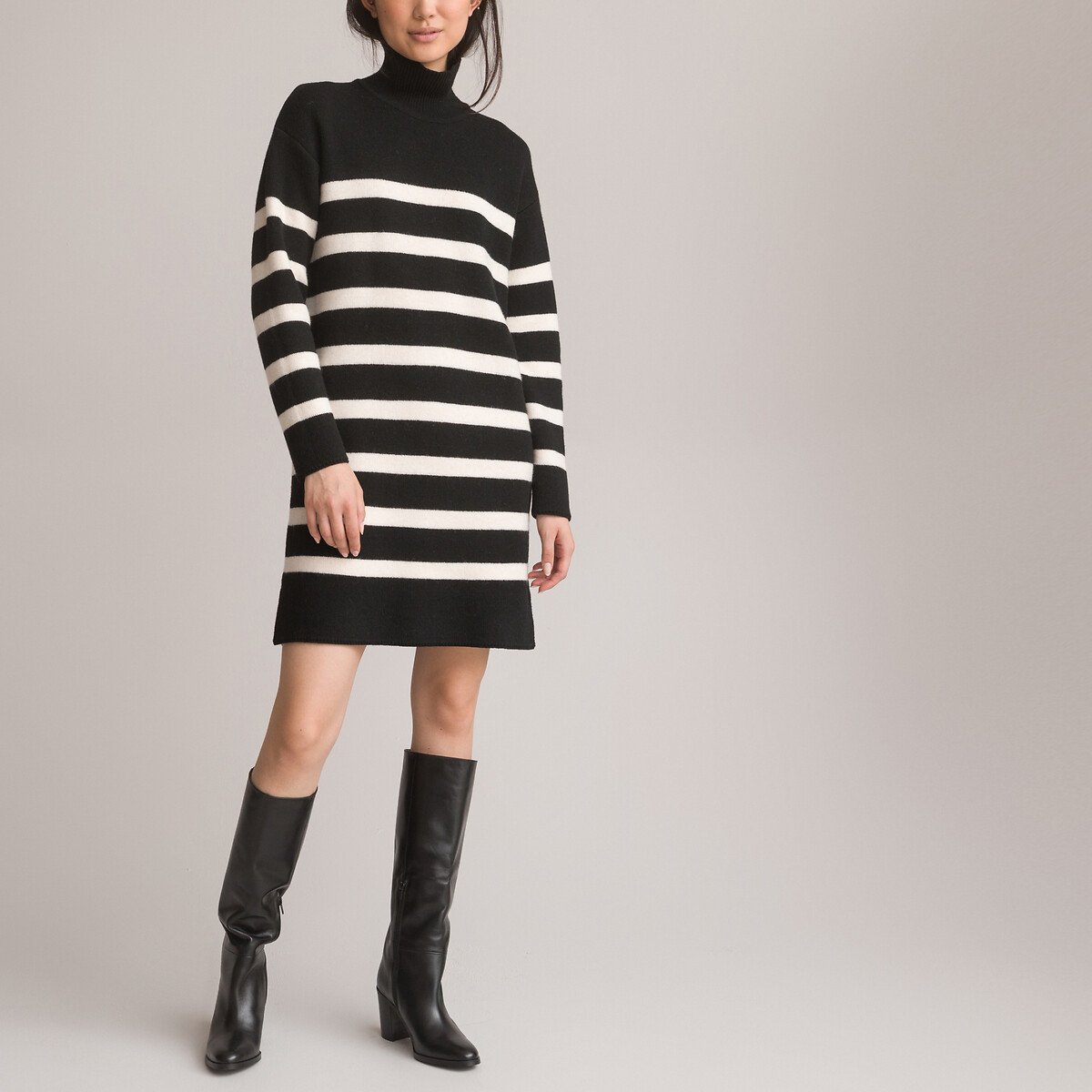 Платье-пуловер Короткое в полоску длинные рукава XS черный LaRedoute, размер XS - фото 3