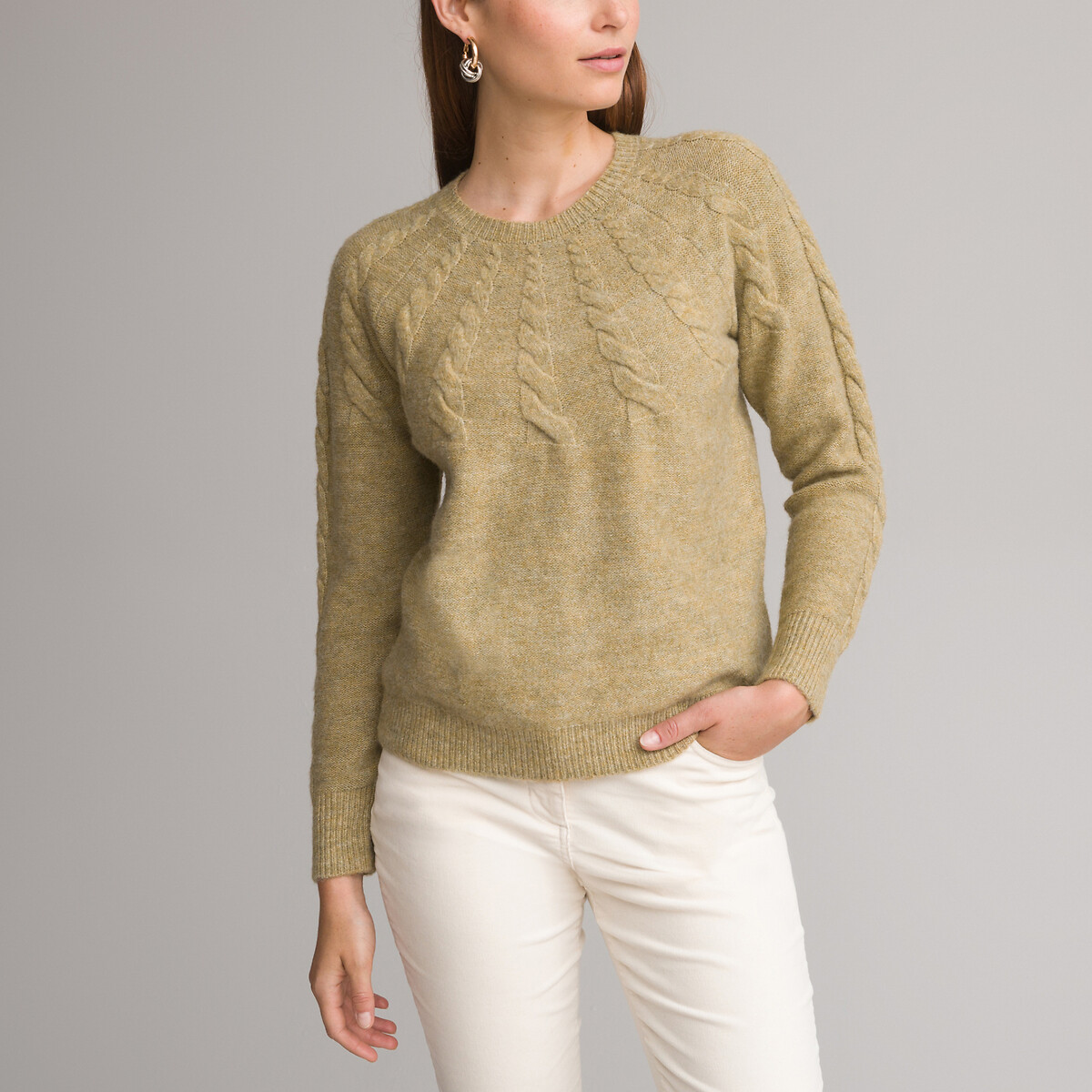 Пуловер с круглым вырезом из объемного трикотажа 46/48 (FR) - 52/54 (RUS) зеленый