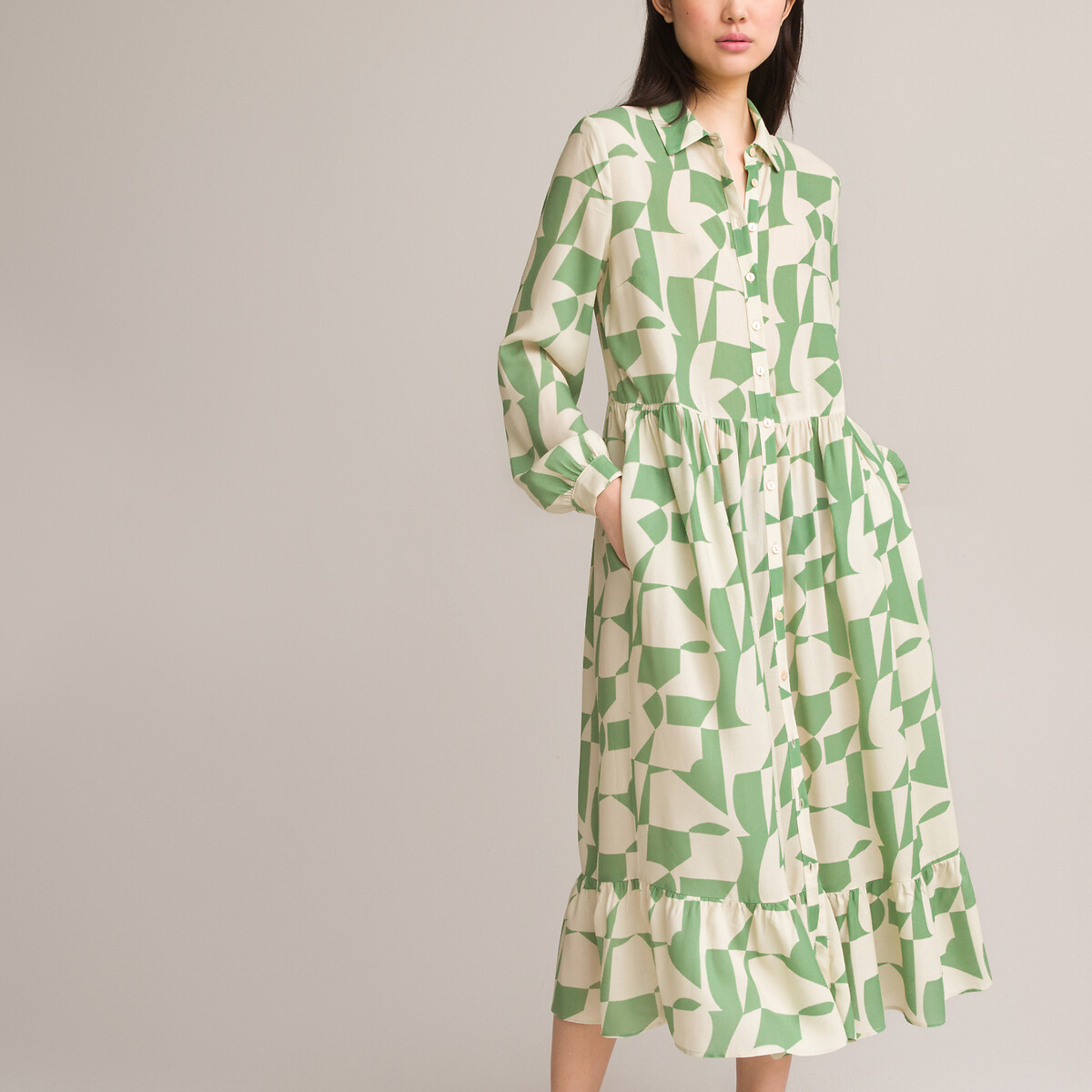 Платье-рубашка Длина миди длинные рукава 40 зеленый LaRedoute, размер 40 - фото 3