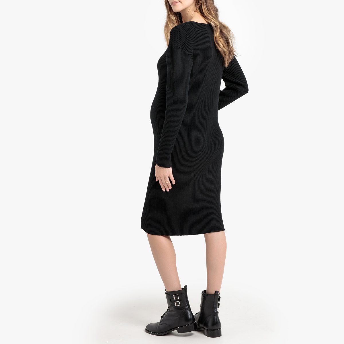 Платье-пуловер La Redoute Для периода беременности с V-образным вырезом в рубчик L черный, размер L - фото 4