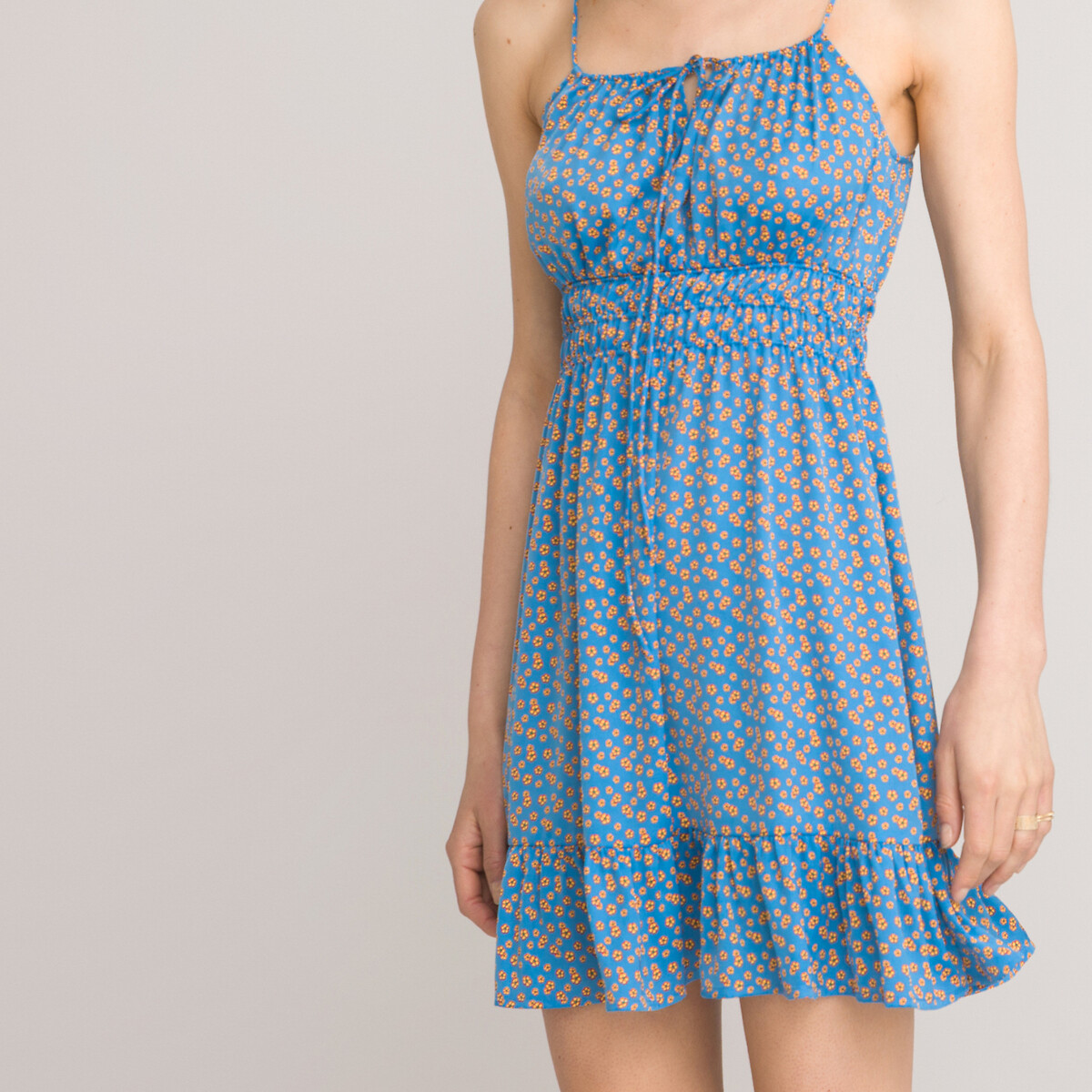 Короткое LA REDOUTE COLLECTIONS Платье на тонких бретелях из сатиновой ткани 42 синий, размер 42 - фото 3