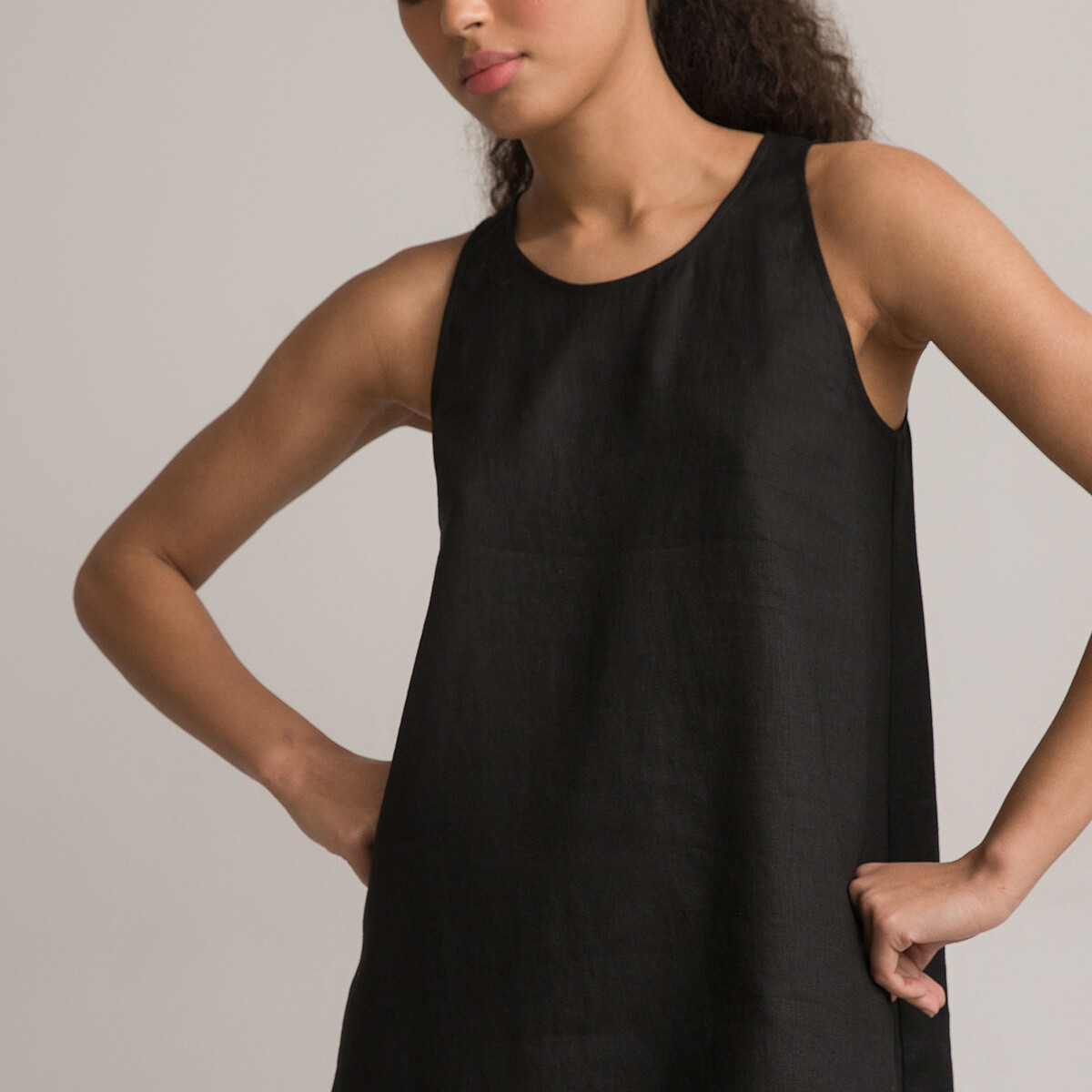 Платье Короткое без рукавов 100 лен 46 черный LaRedoute, размер 46 - фото 3