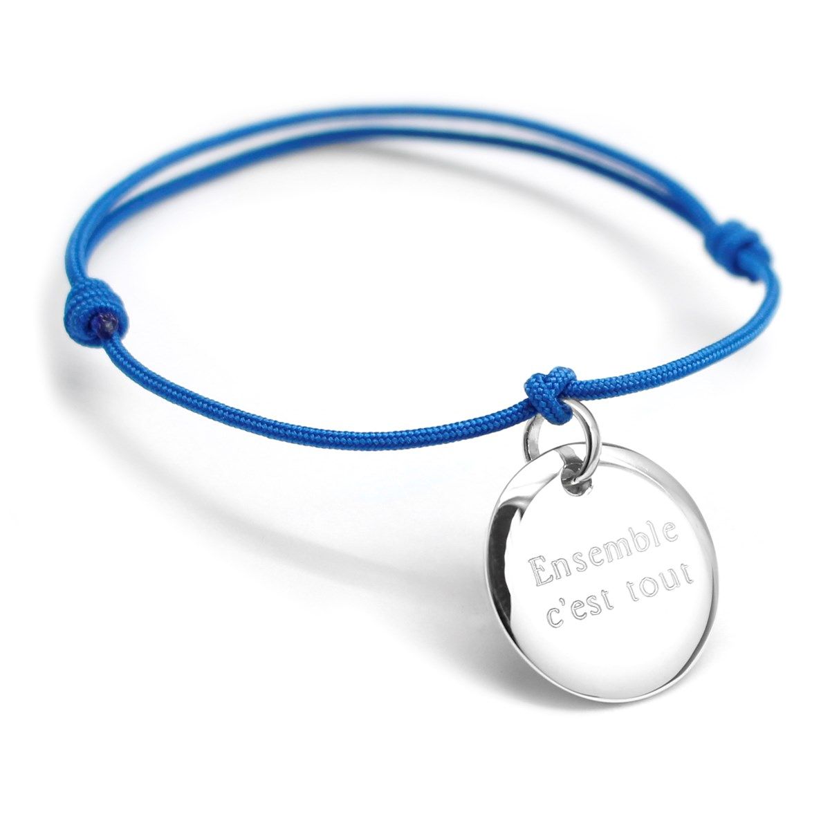 Bracelet cordon médaille argent 925 gravure ENSEMBLE C'EST TOUT