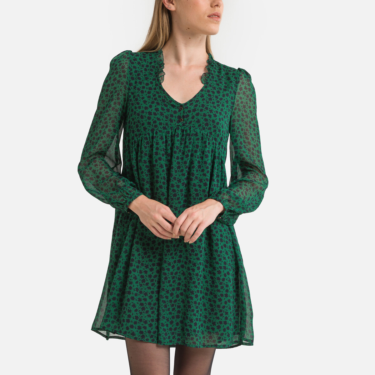 Платье-трапеция короткое с принтом V-образный вырез M зеленый