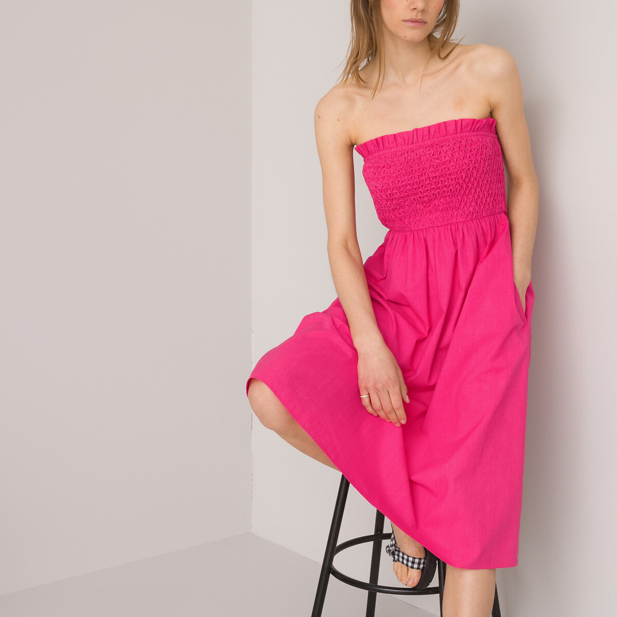Платье-бюстье LA REDOUTE COLLECTIONS Средней длины из поплина из биохлопка 54 розовый, размер 54 - фото 1