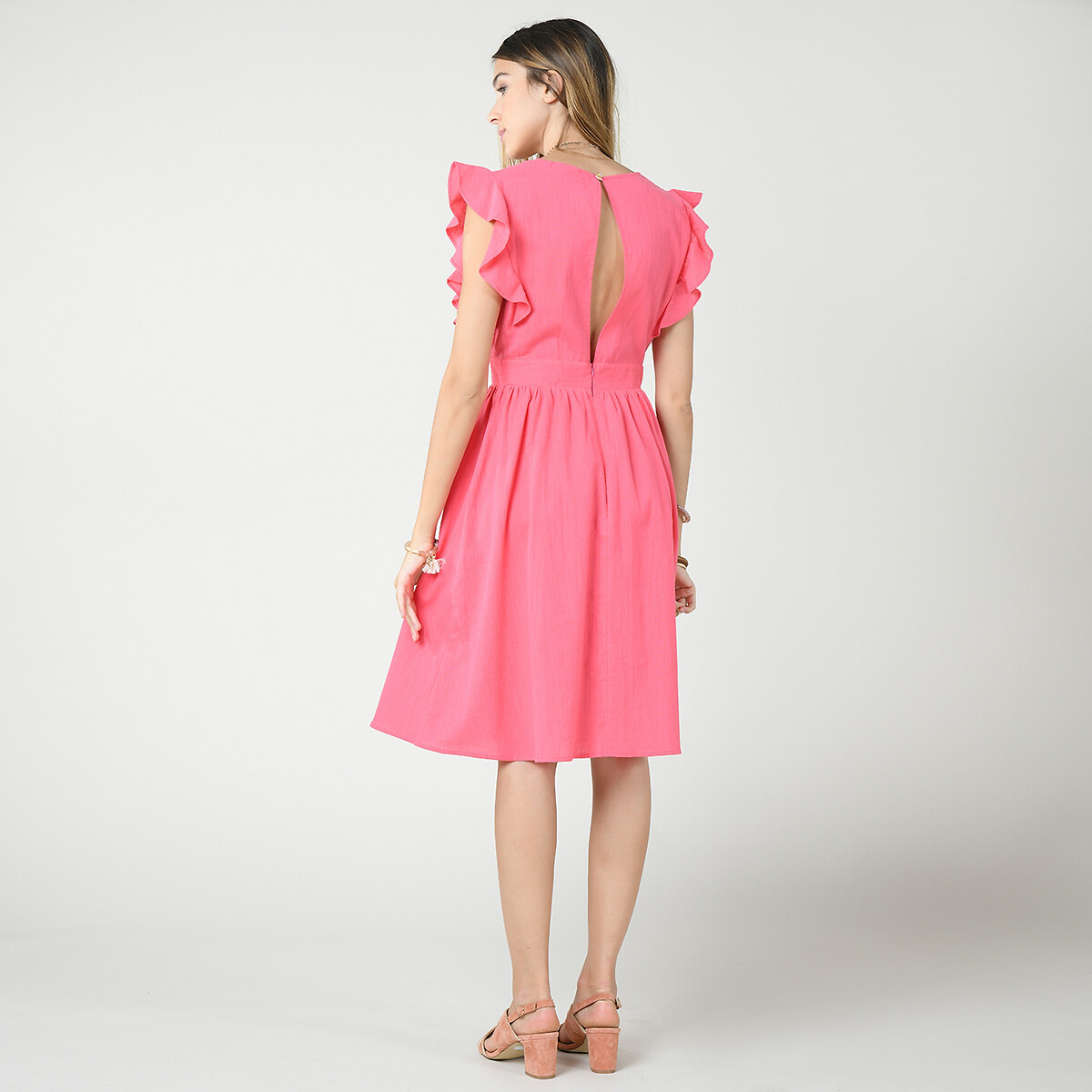 Платье LaRedoute Из хлопка вставки с воланами на пуговицах M розовый, размер M - фото 3