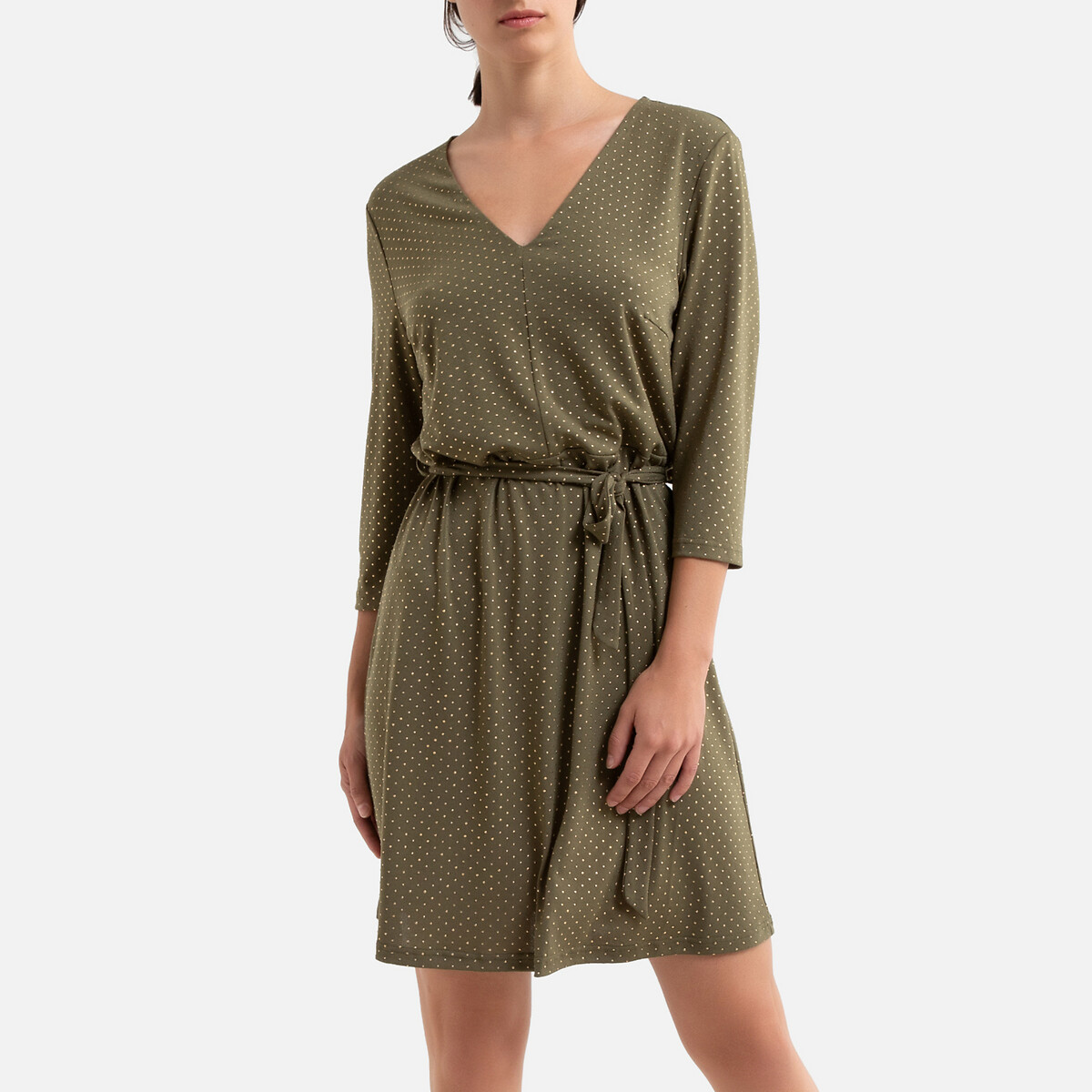 Платье La Redoute Короткое в горошек V-образный вырез с завязками XS зеленый, размер XS - фото 1
