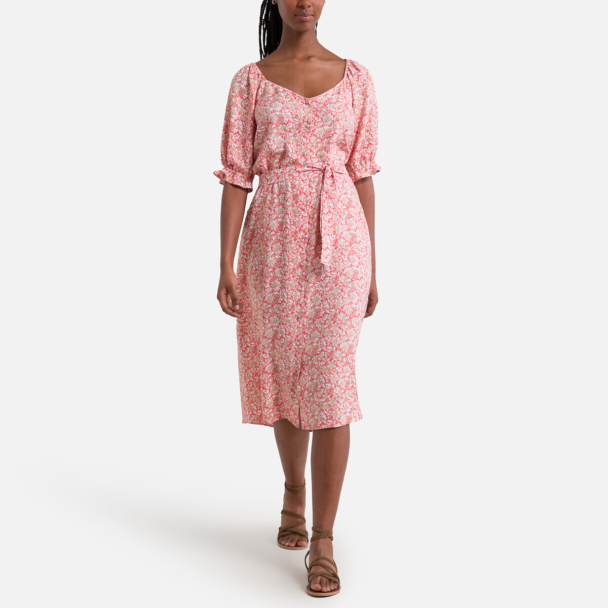 Платье Расклешенное с V-образным вырезом короткими рукавами и принтом XL розовый LaRedoute, размер XL - фото 2