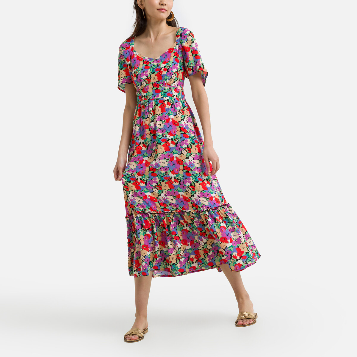Платье-миди ONLY С цветочным принтом короткие рукава L разноцветный, размер L - фото 1