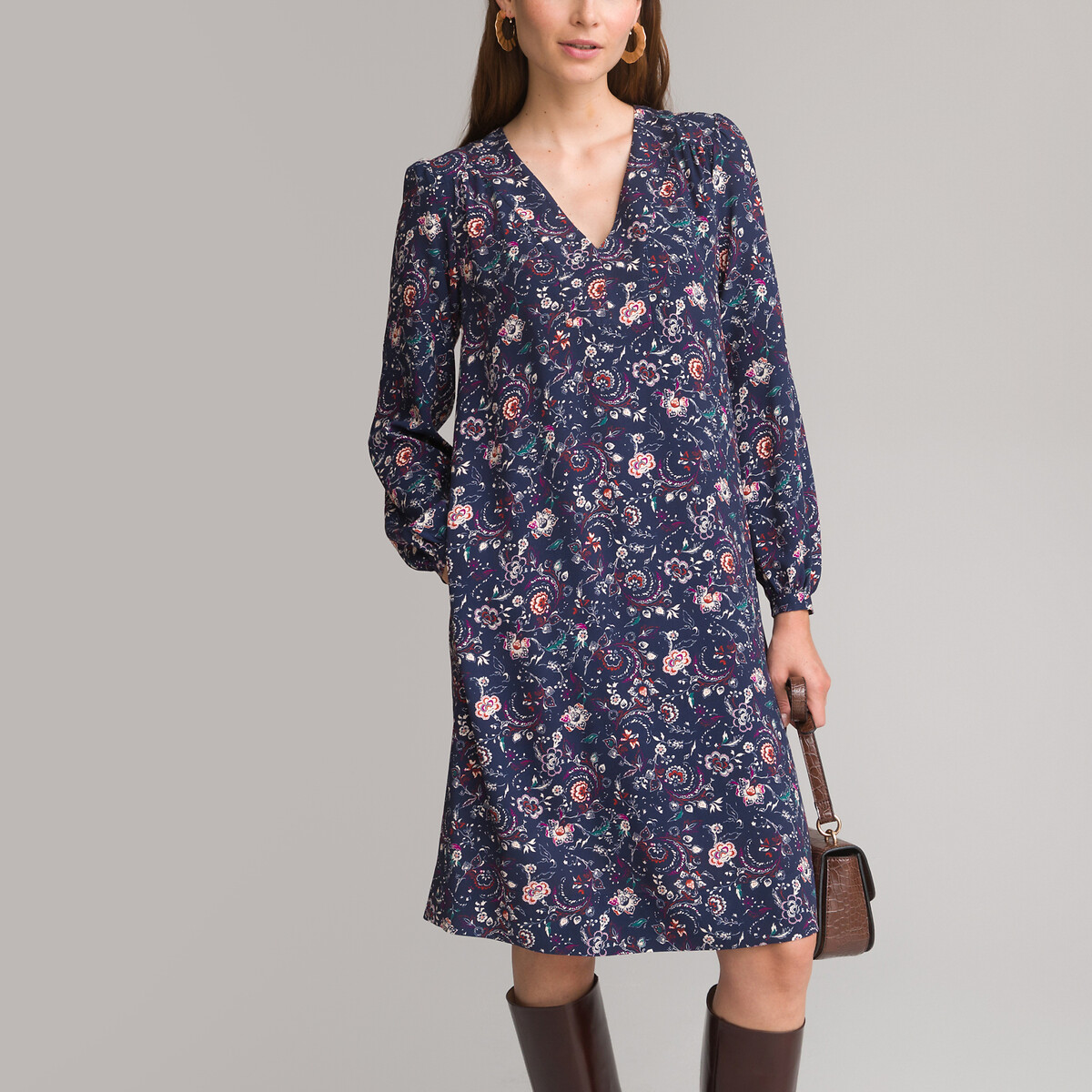 Платье-миди Расклешенное с цветочным принтом 44 синий LaRedoute, размер 44 - фото 2