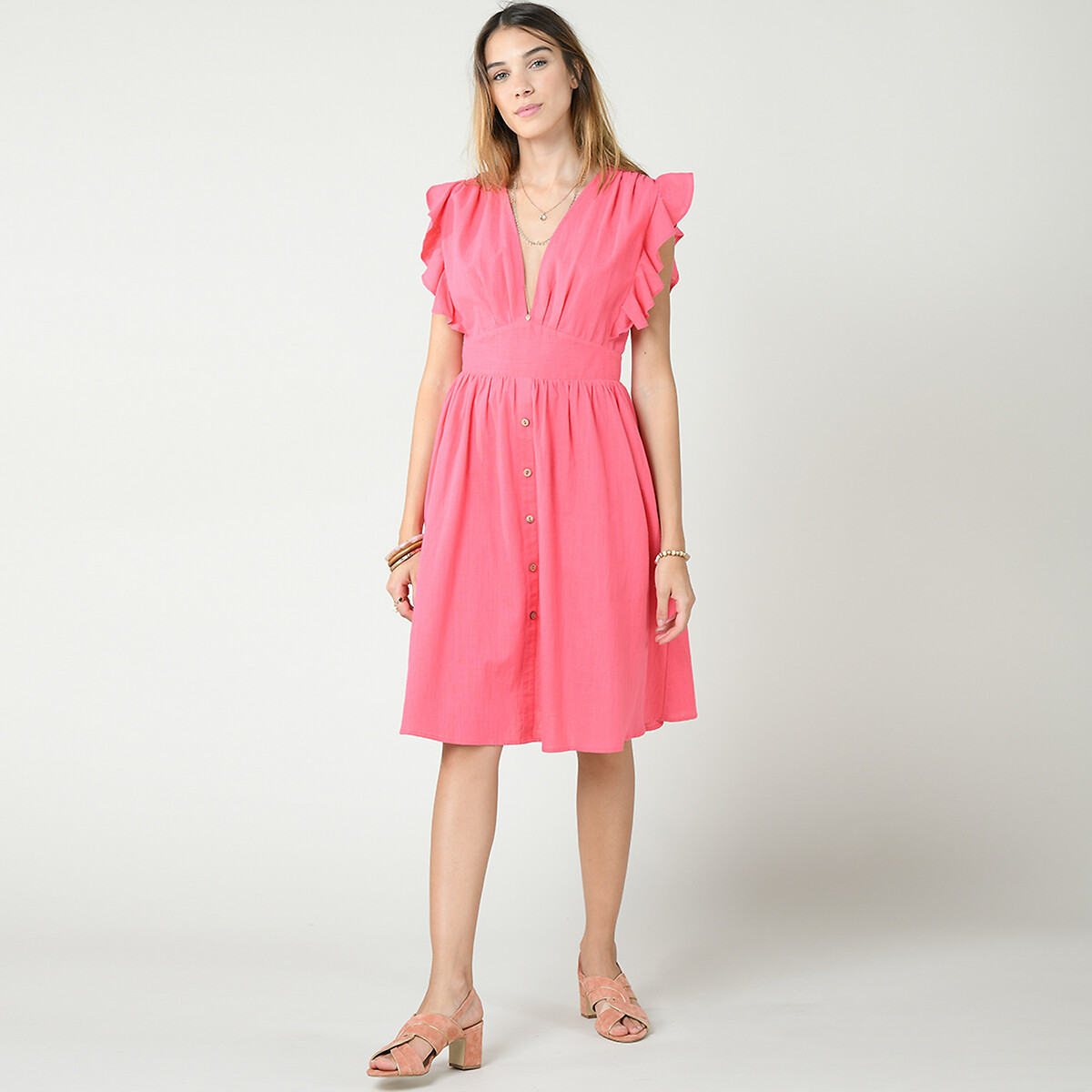 Платье LaRedoute Из хлопка вставки с воланами на пуговицах M розовый, размер M - фото 2