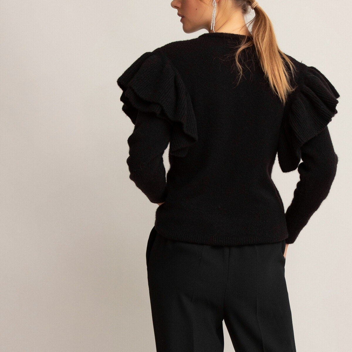 Пуловер LaRedoute С круглым вырезом с воланами из тонкого трикотажа M черный, размер M - фото 4