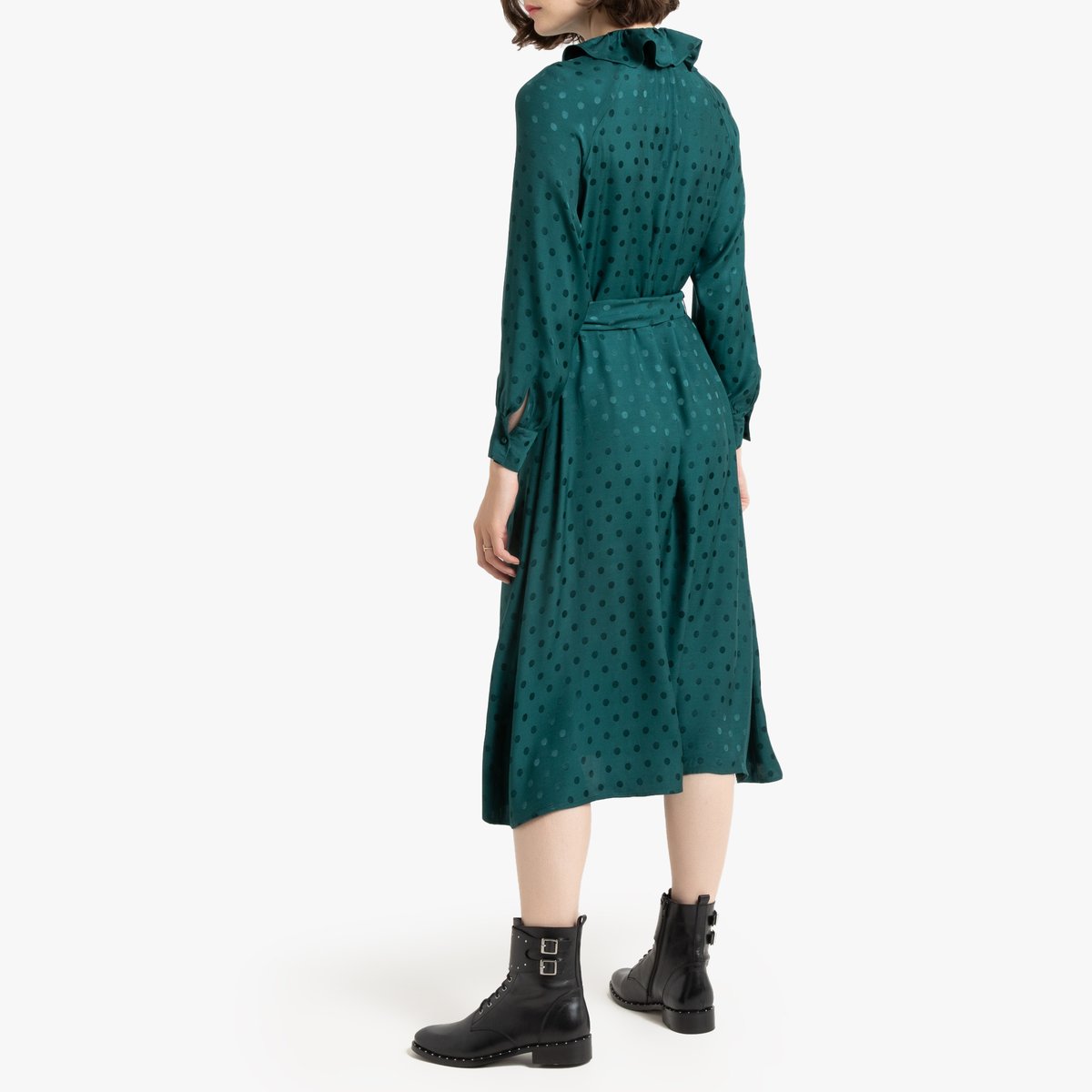 Платье-рубашка LaRedoute Миди с длинными жаккардовыми рукавами 40 зеленый, размер 40 - фото 4